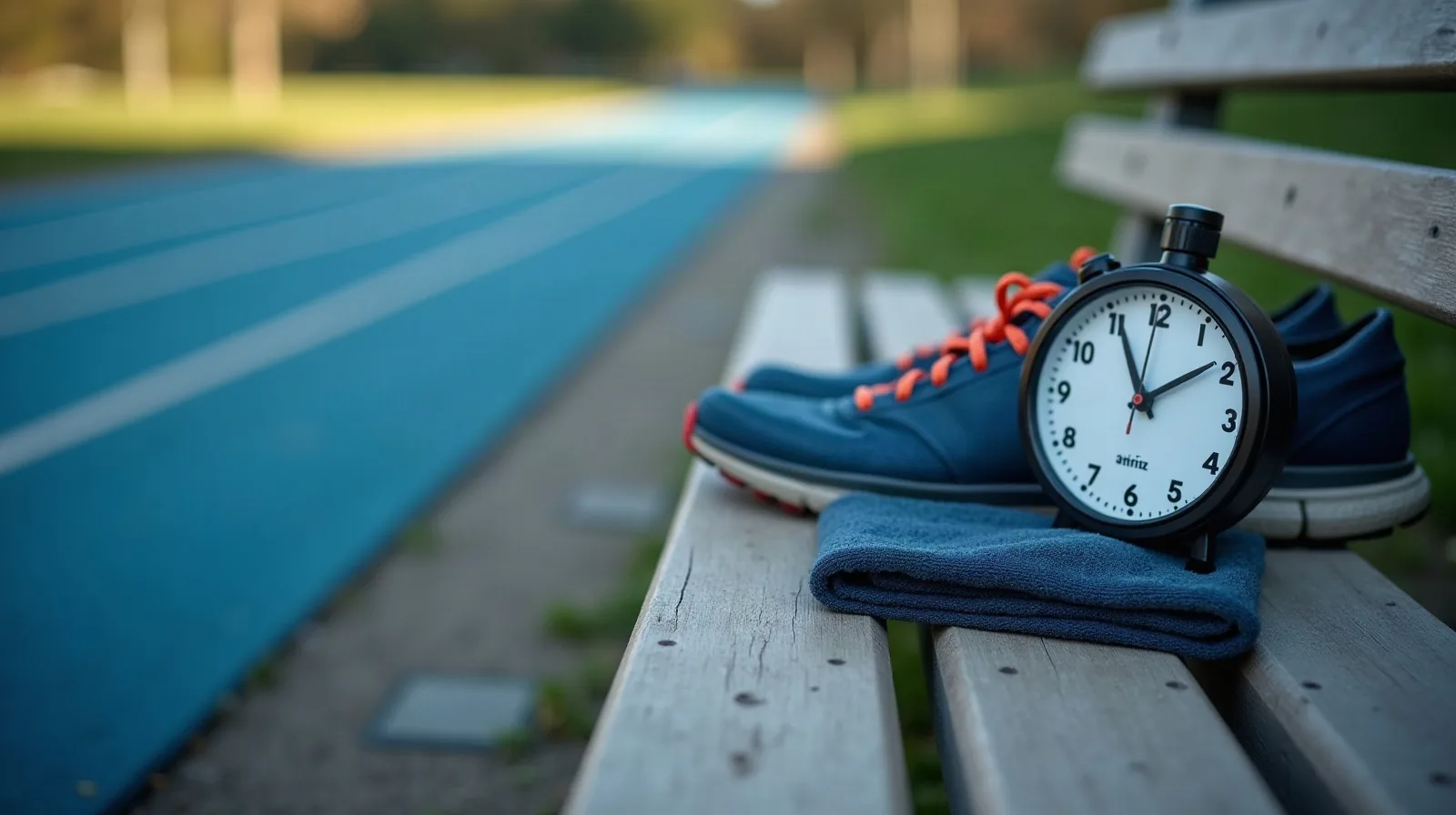 A simple analog interval timer resting on the edge of a stone park bench beside a pair of well-worn running shoes and a folded towel, an empty running track with faint lane markings stretching into the background