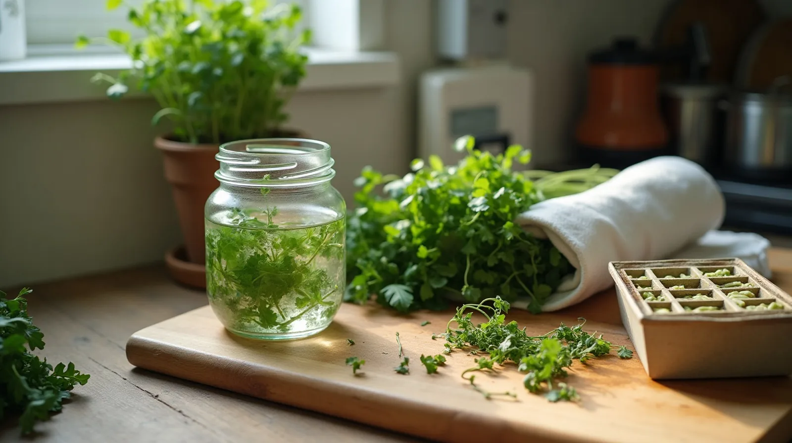 A kitchen counter set up for herb storage with a jar of parsley standing in water, thyme rolled in a damp towel on a wooden board, an ice cube tray of chopped herbs in oil, and loose stems beside a knife