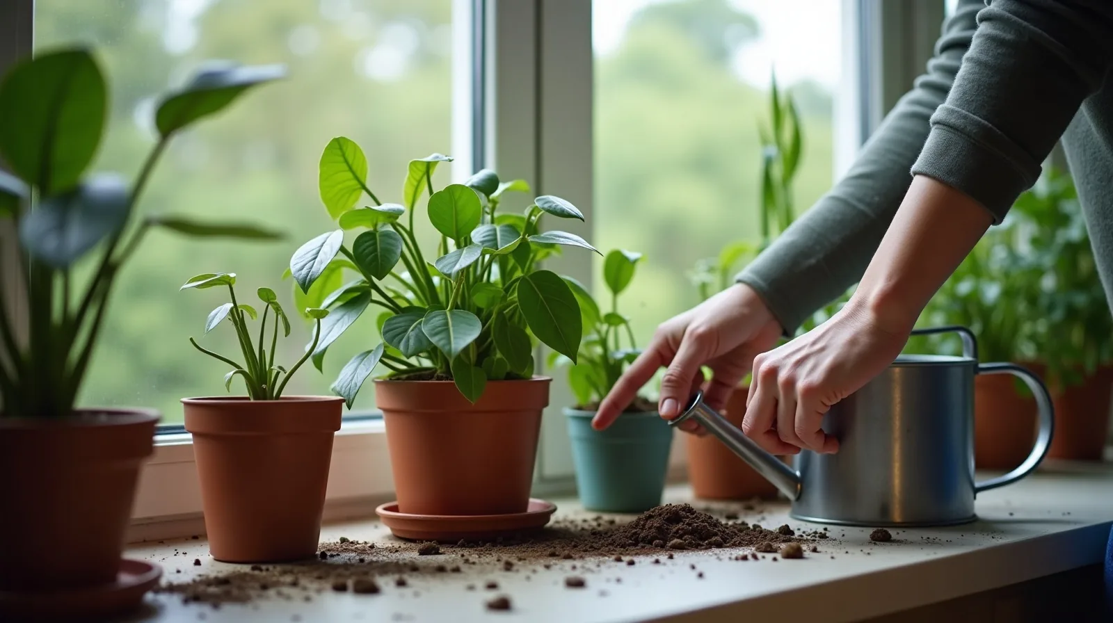Over-the-shoulder view of a person pressing a finger into the soil of a potted houseplant on a windowsill, a watering can waiting nearby