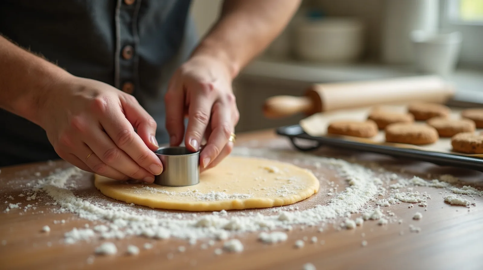 Small hands pressing a metal cookie cutter into rolled dough on a floured table beside a cooling rack of cookies and an open parchment-lined tin