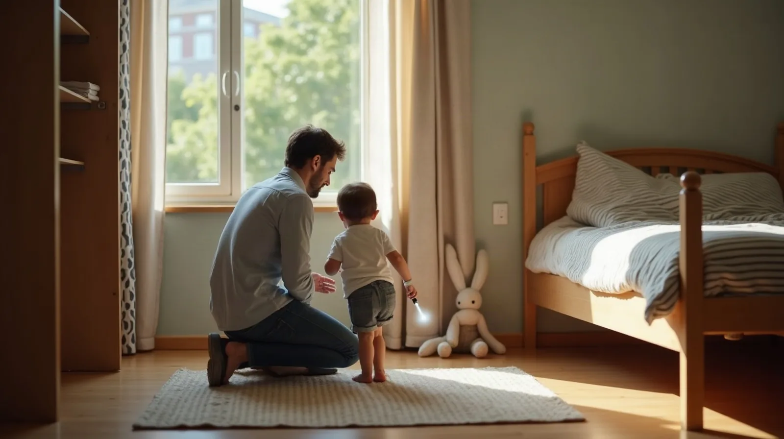 A parent seen from behind kneeling beside a young child in a bright bedroom, both pointing a small flashlight into an open closet, a stuffed rabbit on the patterned quilt of a low wooden bed