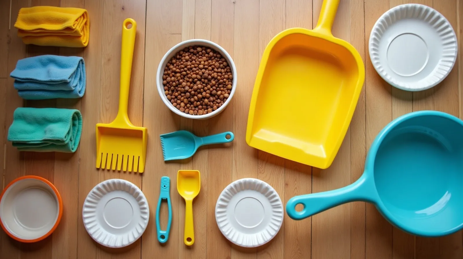 A child-size broom and dustpan, folded washcloths, a pet food bowl with scoop and a short stack of plastic plates arranged in rows on a wooden floor
