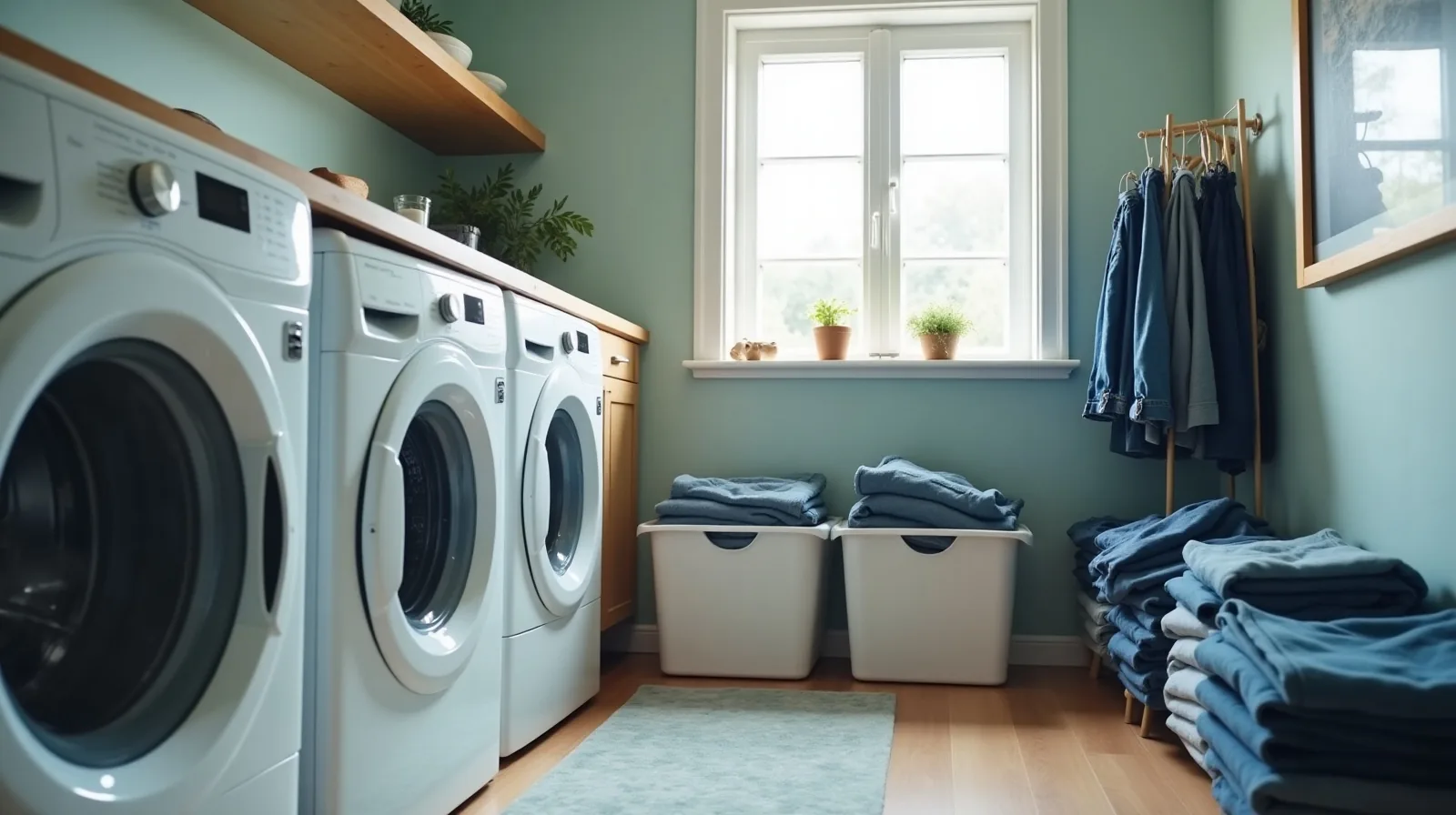 A laundry room with a washer and dryer, three sorted hampers lined up on the floor, and a folding rack of jeans and hoodies drying