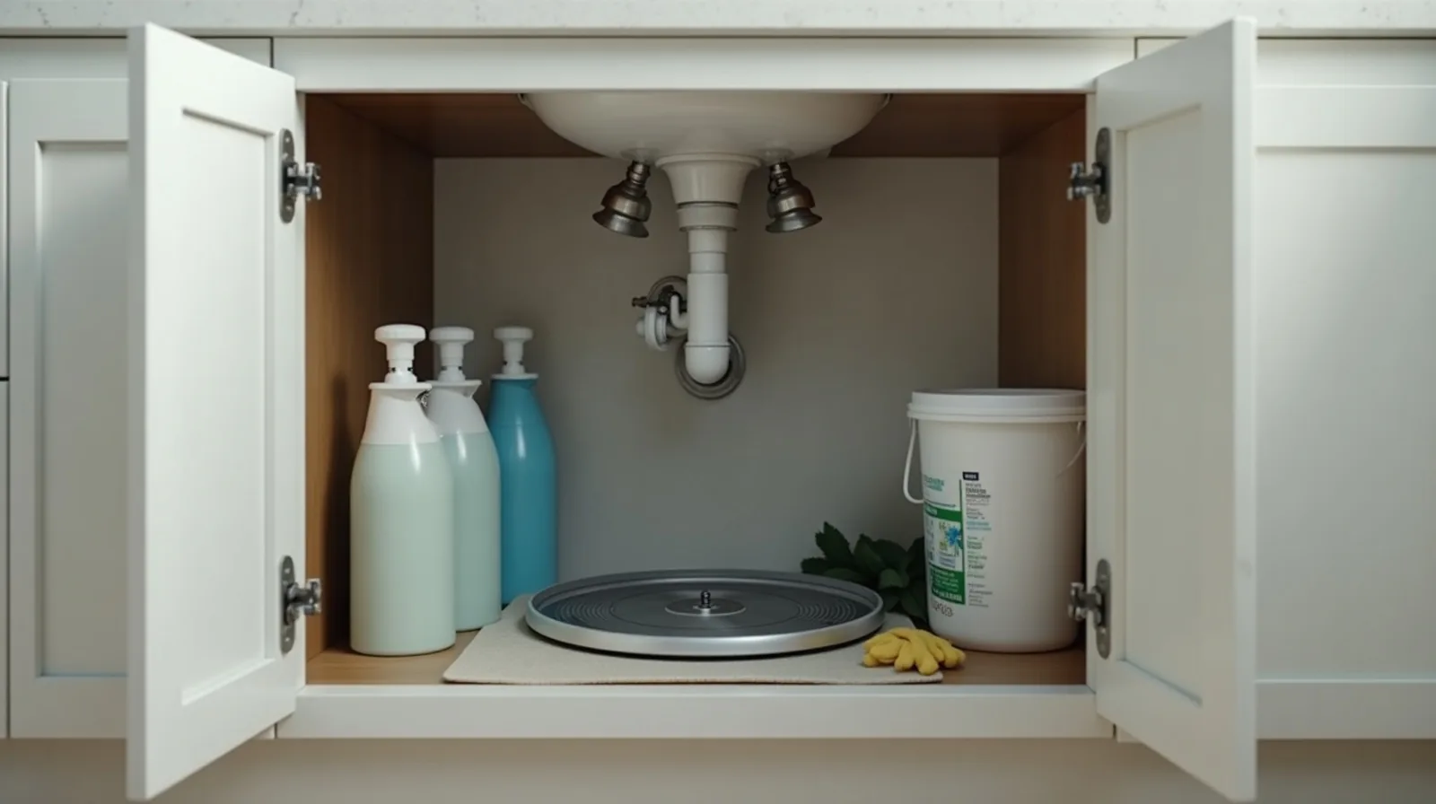 A turntable inside an under-sink cabinet holding spray bottles, a sponge pack and folded gloves, with the plumbing trap above and a bucket pulled onto the floor mat