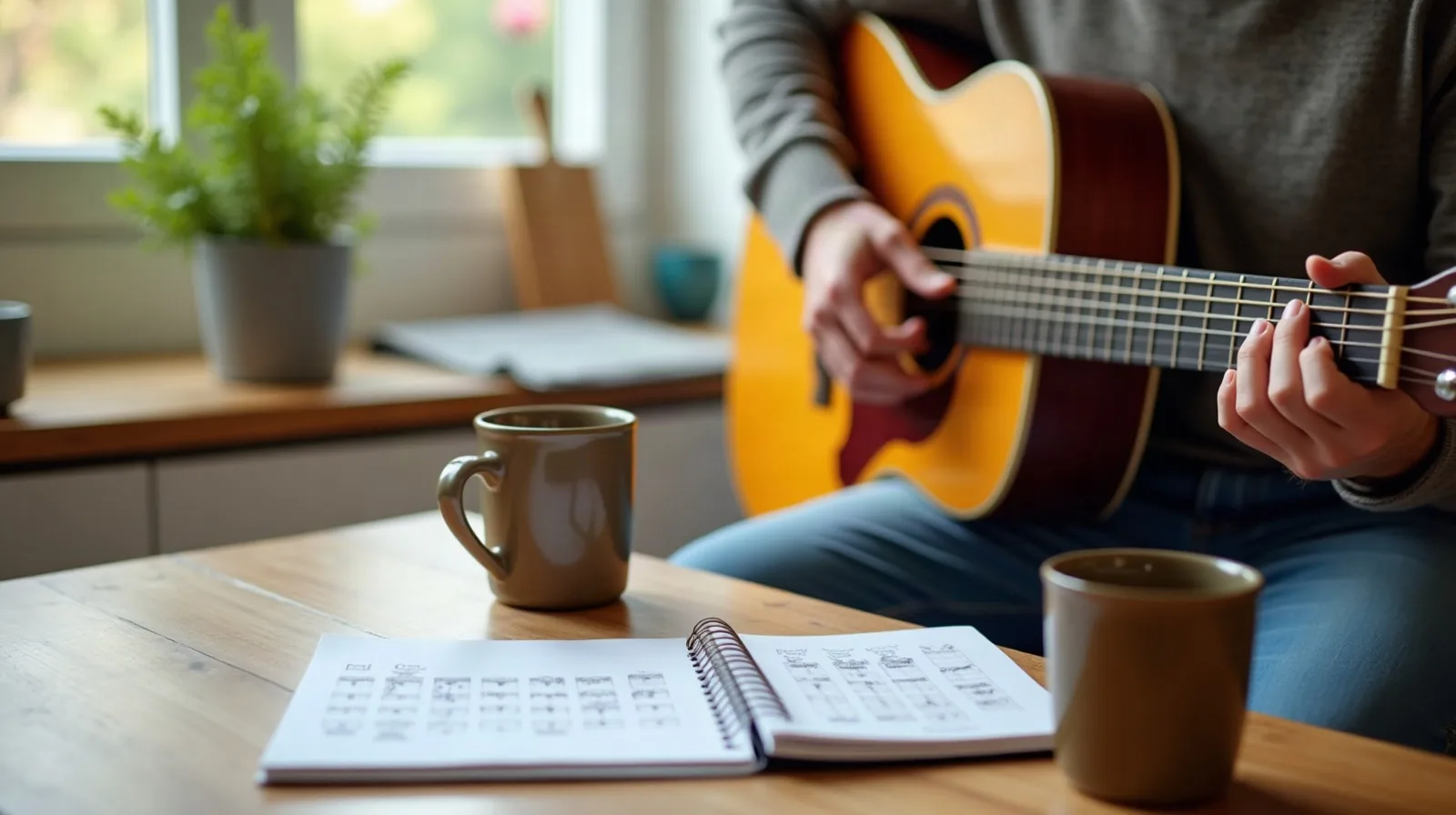 A person's hands positioning fingers on the fretboard of an acoustic guitar resting across their lap at a sunlit kitchen table, a printed chord diagram propped against a mug and a small notebook open beside it