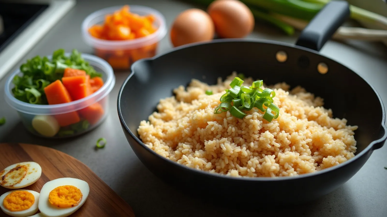 A bowl of day-old rice, roasted vegetables, eggs and scallions gathered around a wok on the kitchen counter