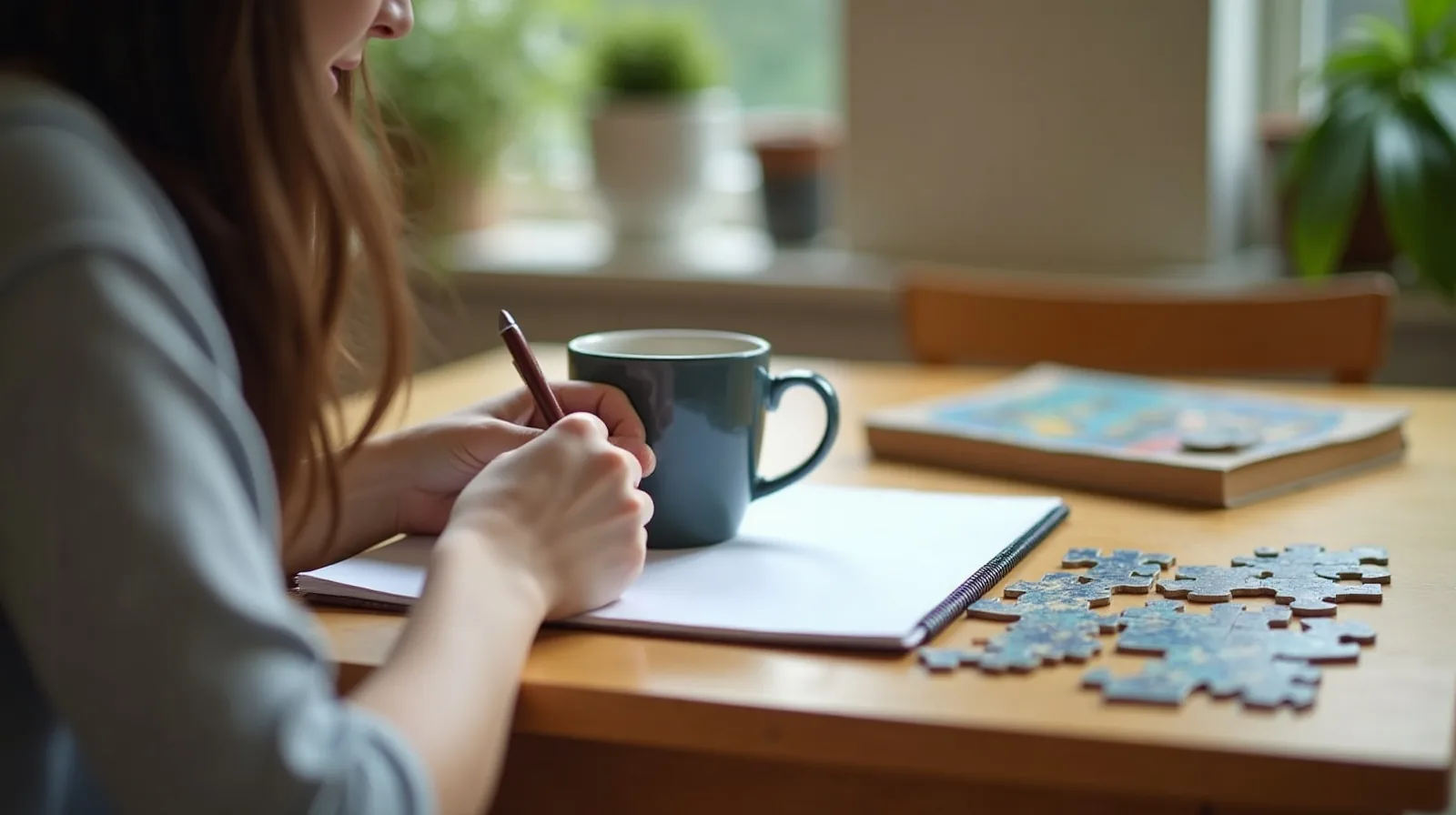 A person seen from behind sketching a coffee mug at a kitchen table with a half-finished jigsaw puzzle and a paperback nearby