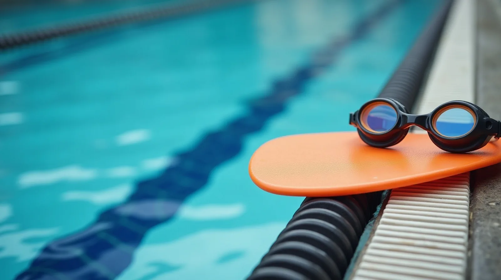 Swim goggles and a foam kickboard resting on the tiled edge of a lap pool beside a lane rope