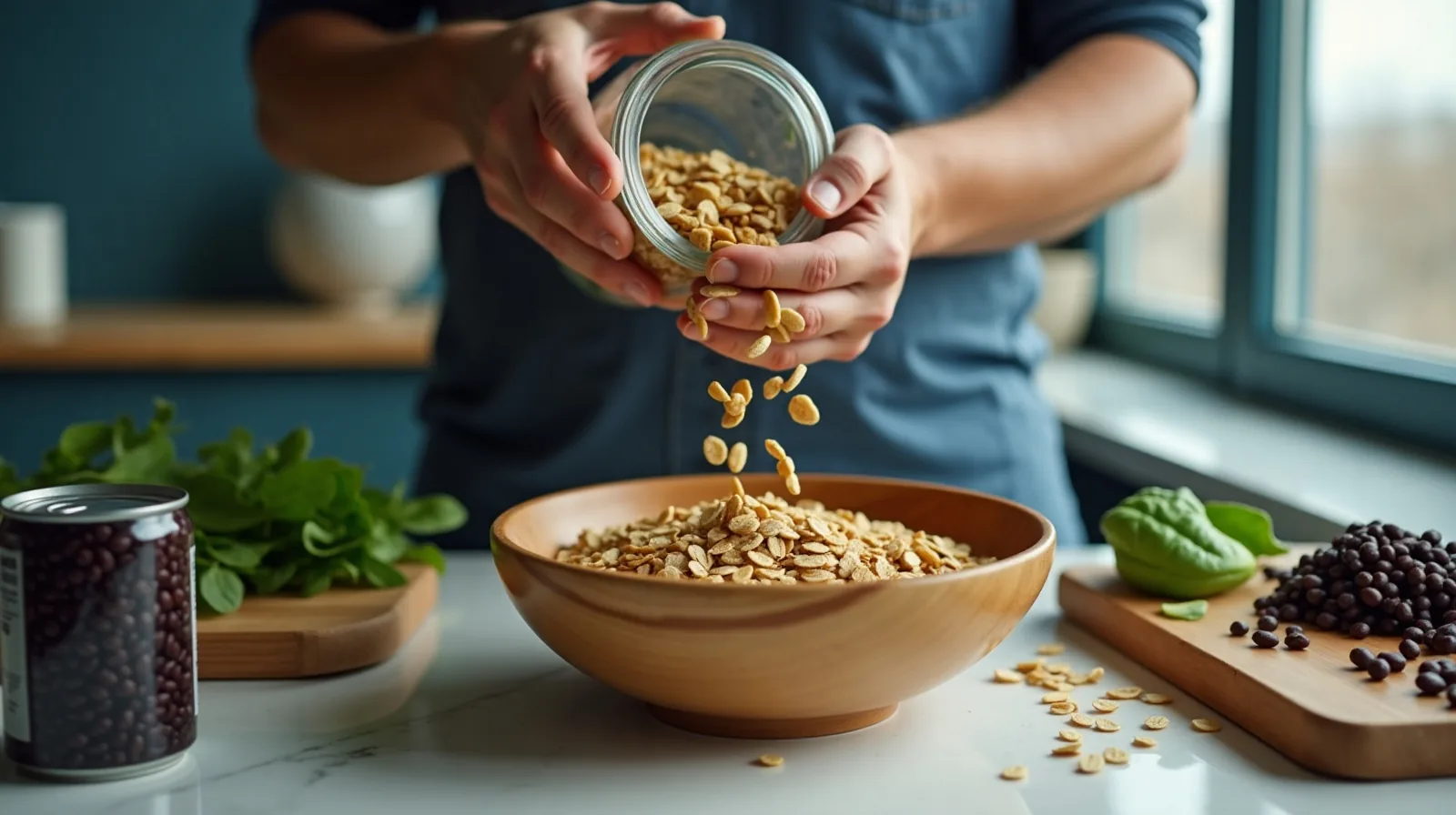 A person seen in profile at a kitchen counter tipping pumpkin seeds from a glass jar into a bowl of oats, with spinach and an open can of black beans nearby