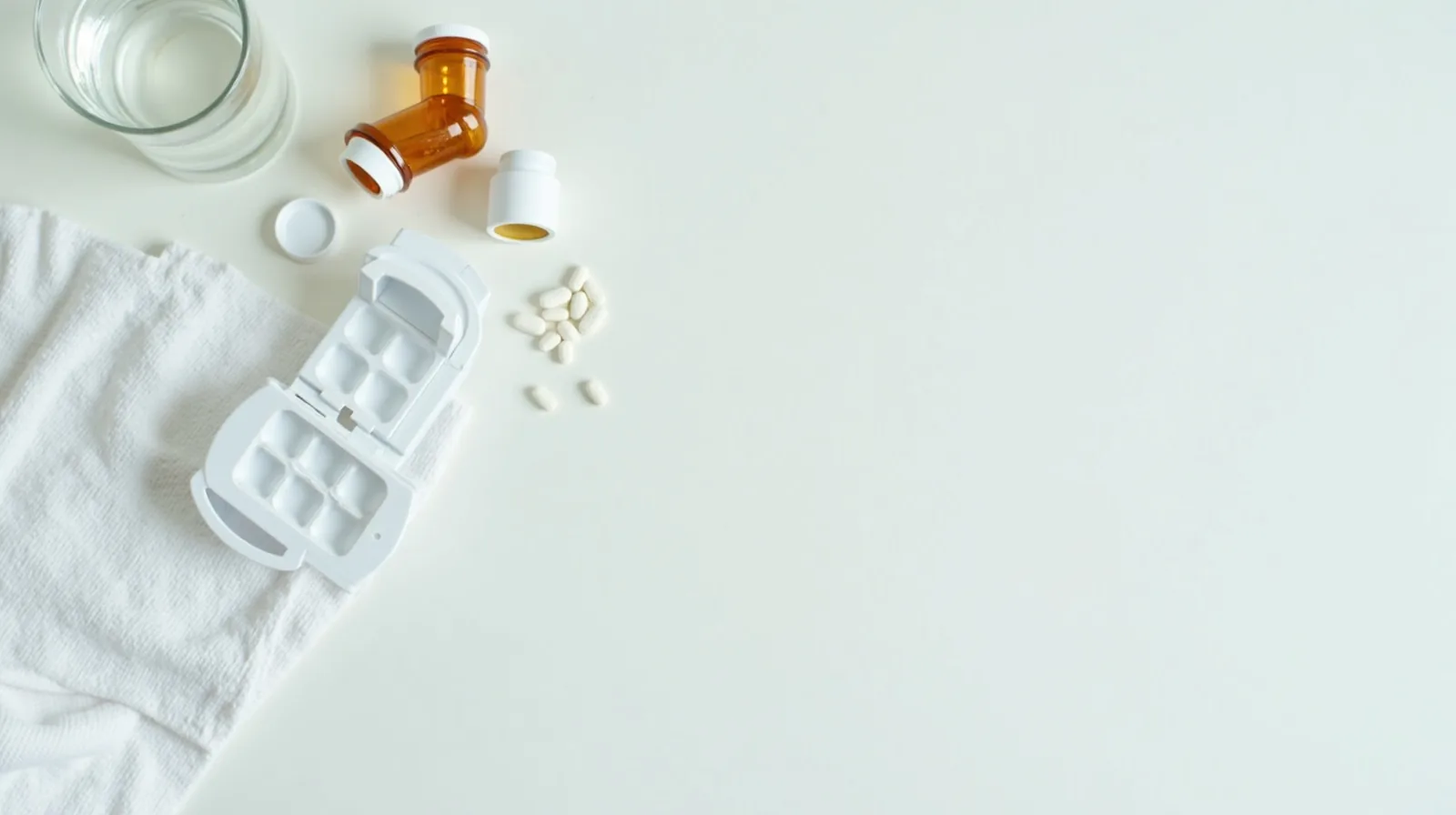 An open seven-day pill organizer, two plain unlabeled amber bottles and a small spill of white tablets on a pale kitchen counter beside a half-full glass of water