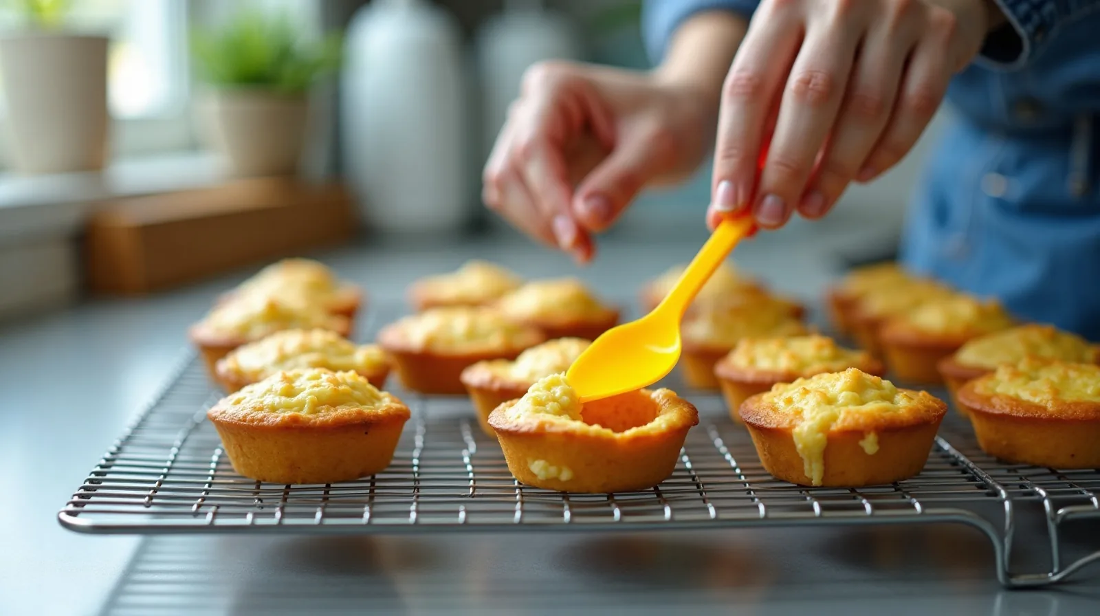 A muffin tin of golden baked egg bites cooling on a wire rack as a hand lifts one out