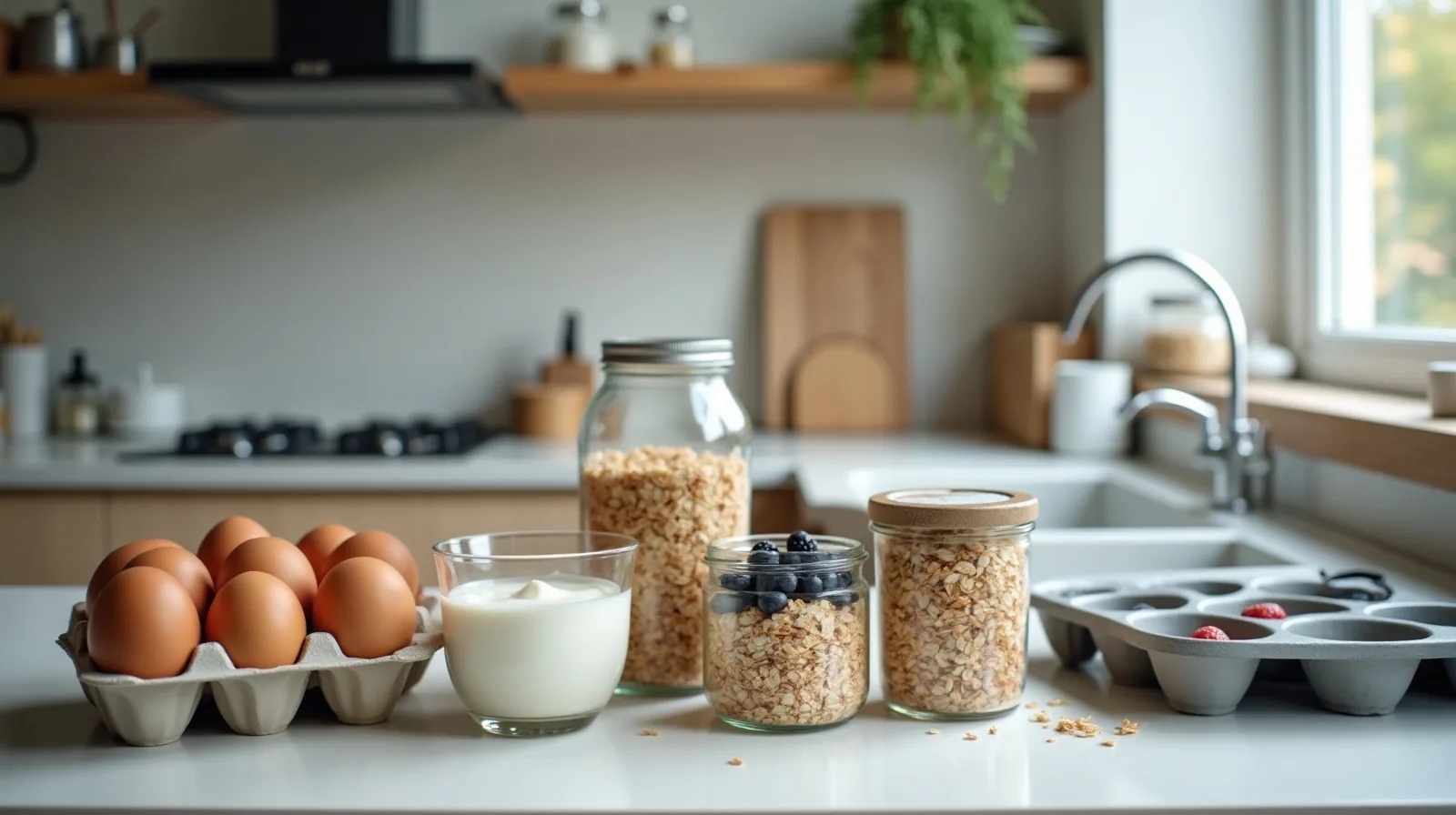 A kitchen counter with eggs, rolled oats, yogurt, mixed berries, a muffin tin and empty glass jars set out for Sunday breakfast prep