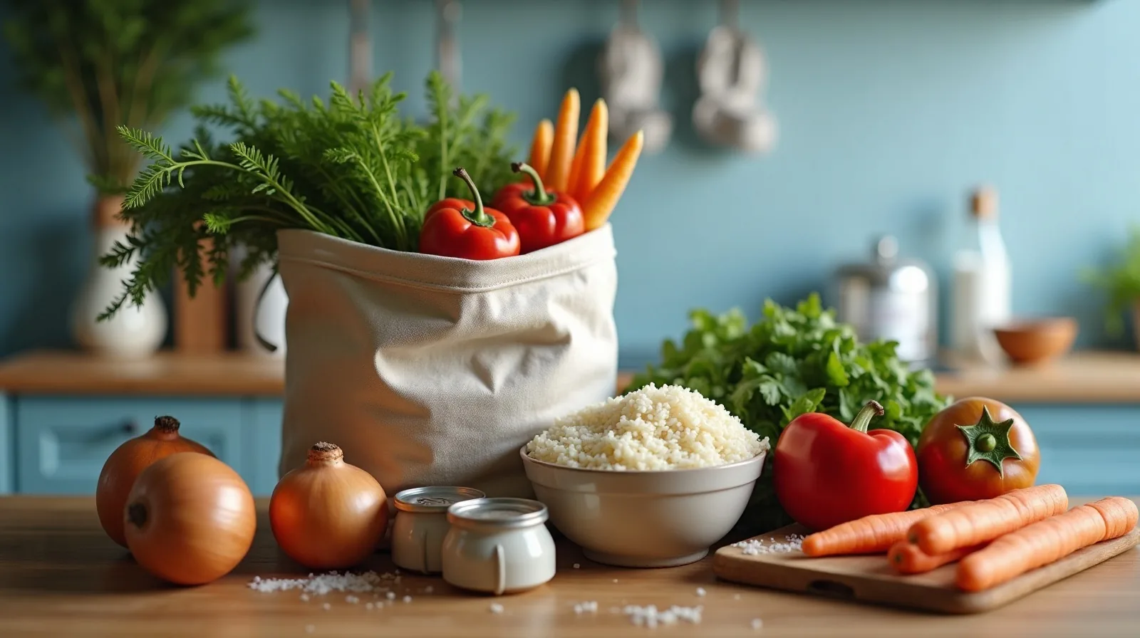 A week of groceries including rice, canned tomatoes, eggs, red peppers, onions and carrots gathered on a kitchen table beside a canvas tote