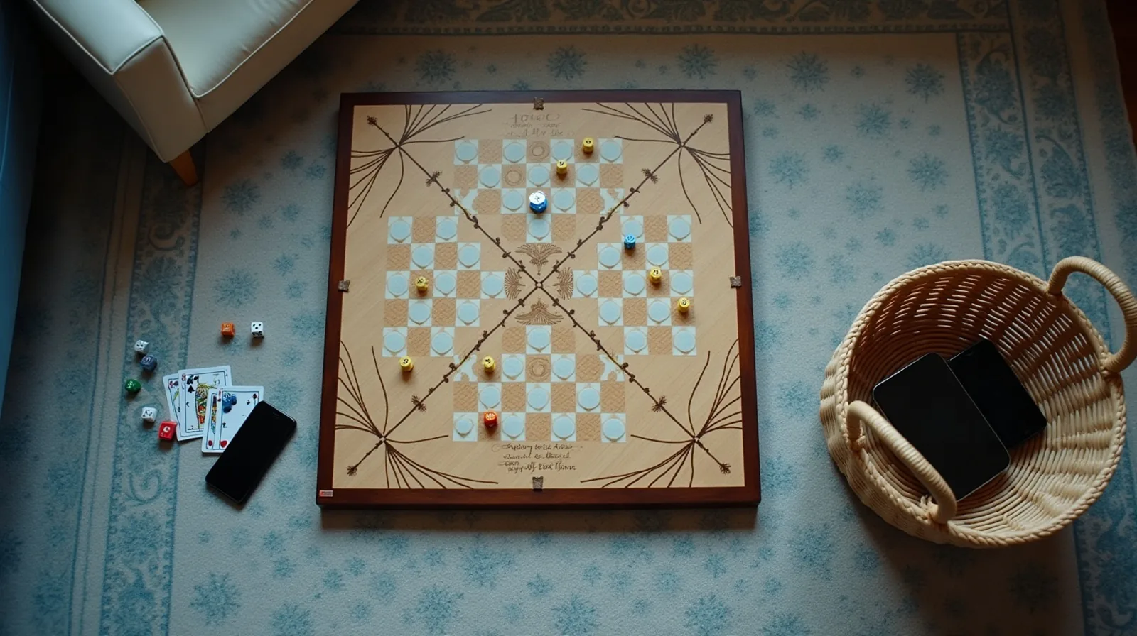 Overhead view of a board game in progress on a rug, with dice, pawns, cards, and a woven basket holding phones nearby.