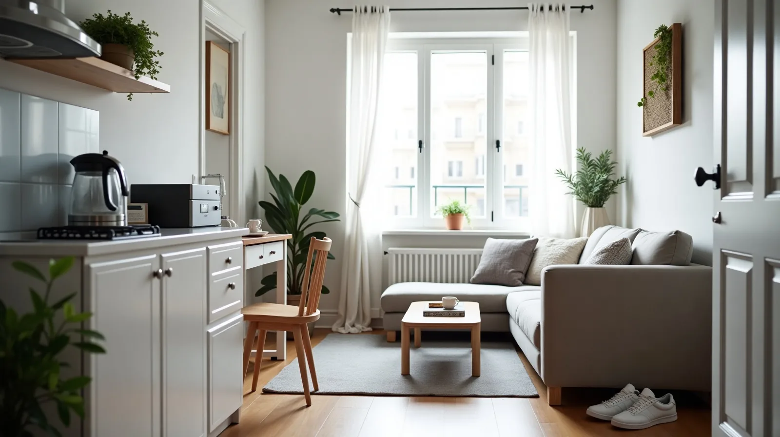Apartment workspace with a laptop on the kitchen counter, an unrolled yoga mat on the floor and sneakers by the front door.