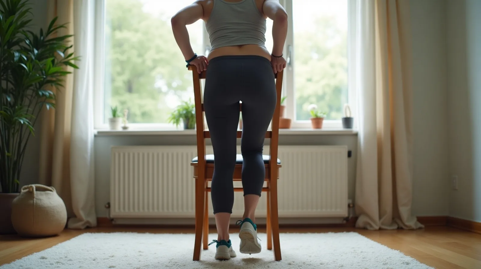 A person rising from a sturdy chair during a sit-to-stand exercise at home