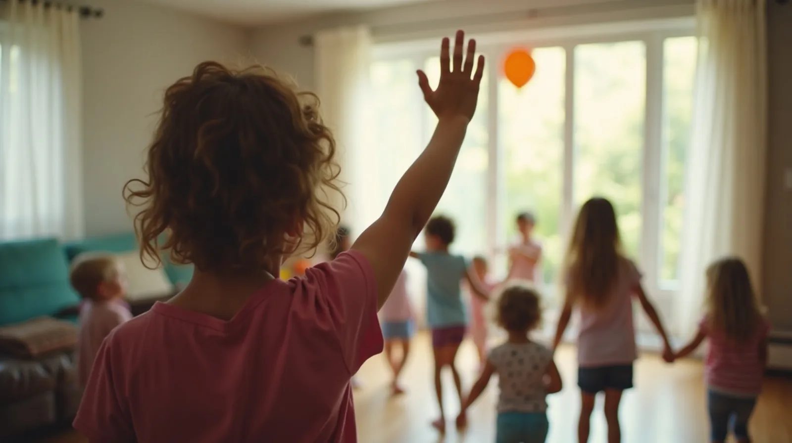 A grown-up seen from behind raises one hand to stop the music while kids freeze mid-dance in a cleared living room with balloons at the ceiling