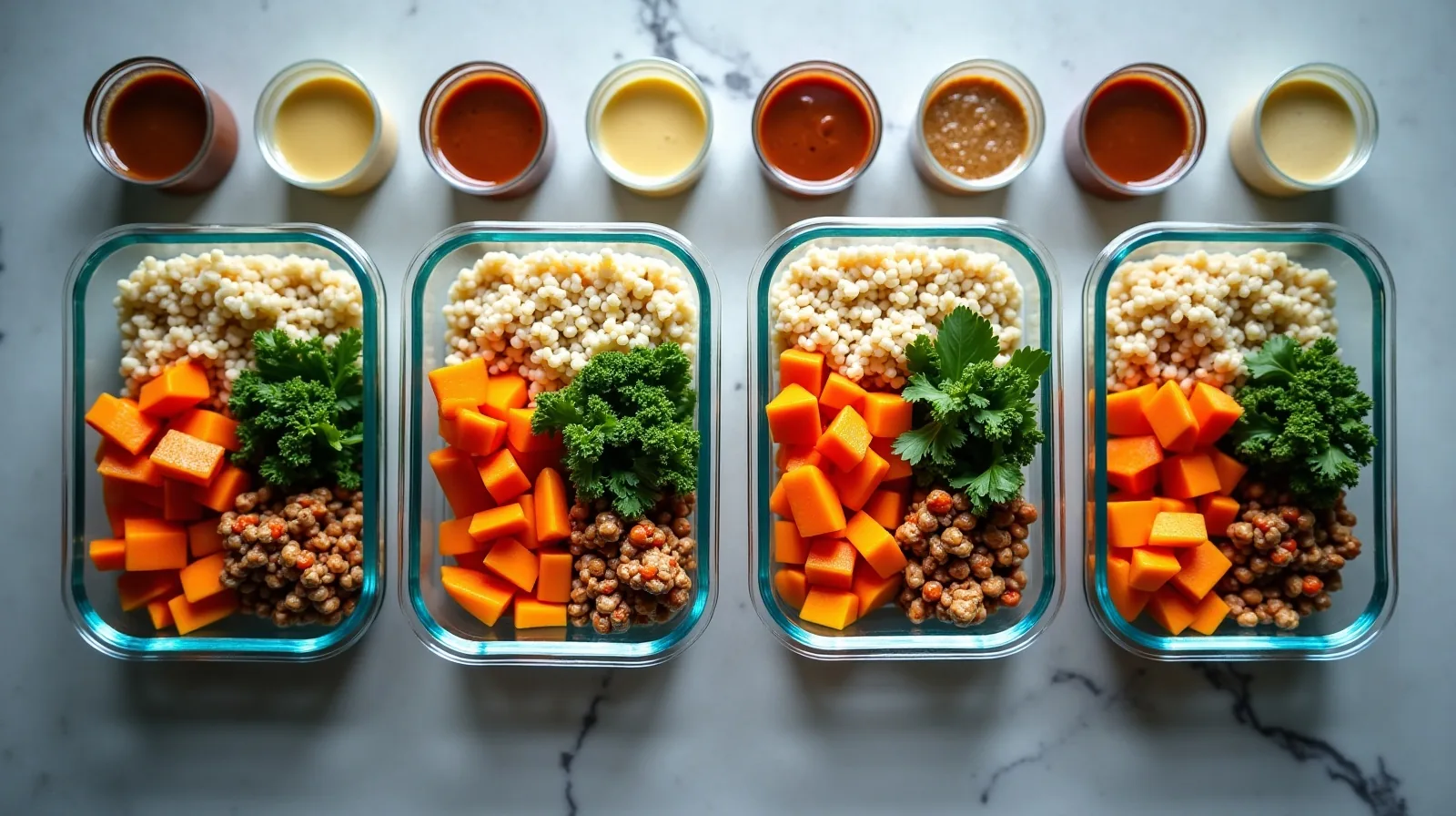 Four glass meal-prep containers packed with grains, roasted vegetables and greens arranged in a row on a stone counter with small lidded dressing jars alongside