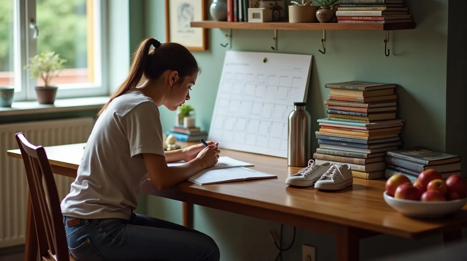 A person seen in profile at a kitchen table writing on a paper wall calendar beside a stack of library books, a thermos and walking shoes on the floor