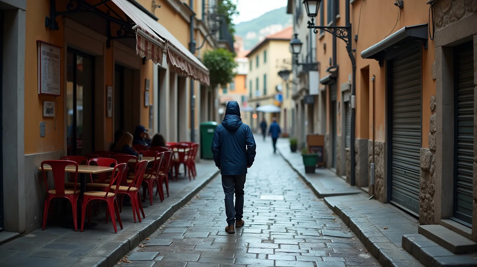 A lone traveler in a rain jacket standing small at the foot of a wide stone staircase in an empty hillside old town with cafe chairs stacked under an awning