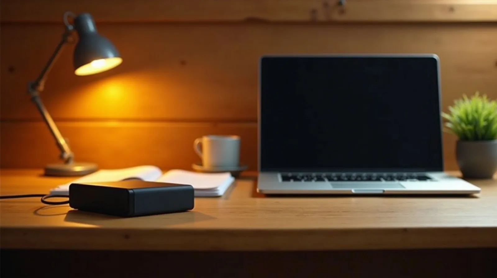An external hard drive on a wooden shelf with a half-coiled cable and a closed notebook, above a desk with a shut laptop