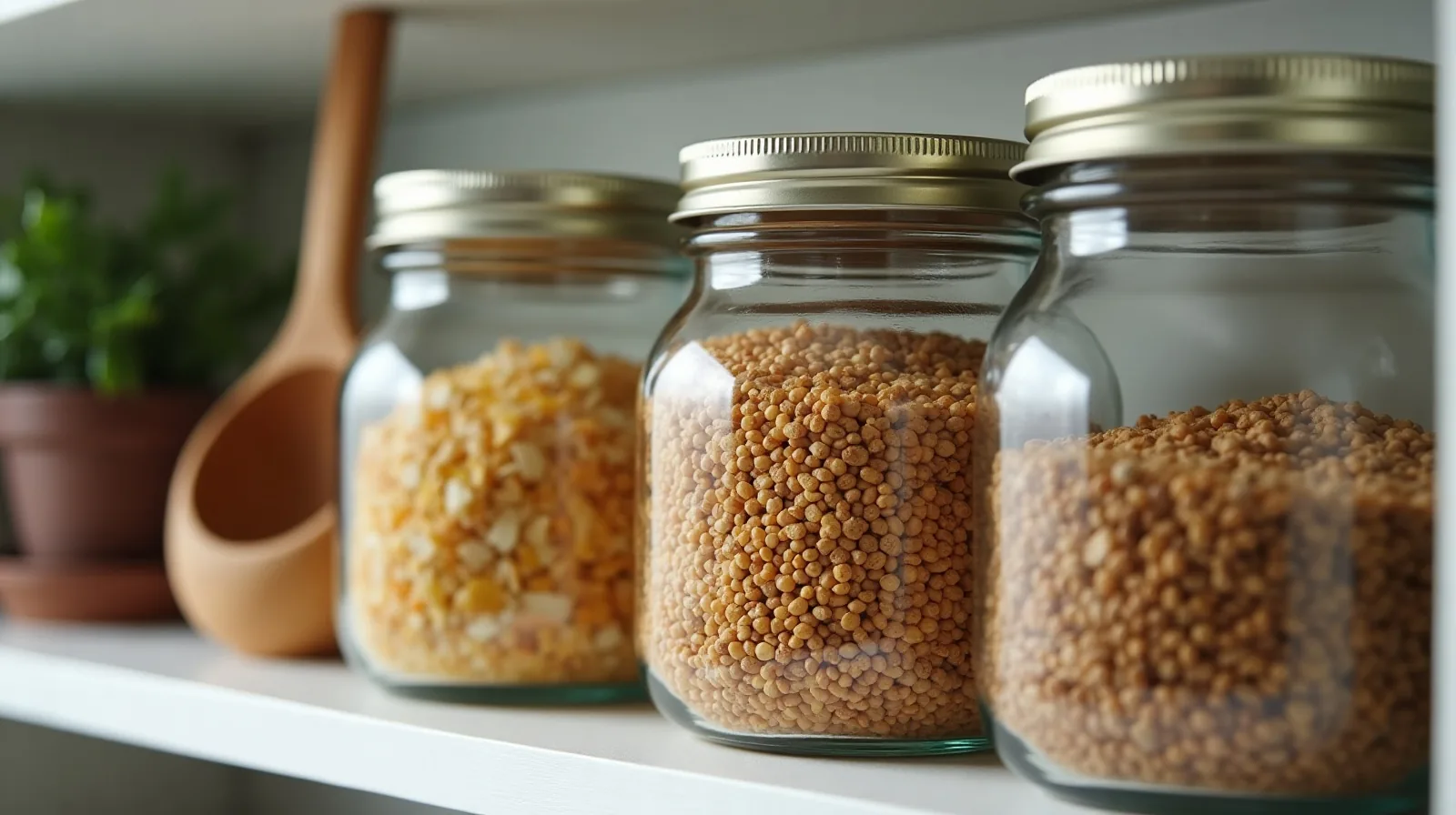 Three matching glass jars of pantry staples lined up on a wall shelf with a wooden scoop beside them.