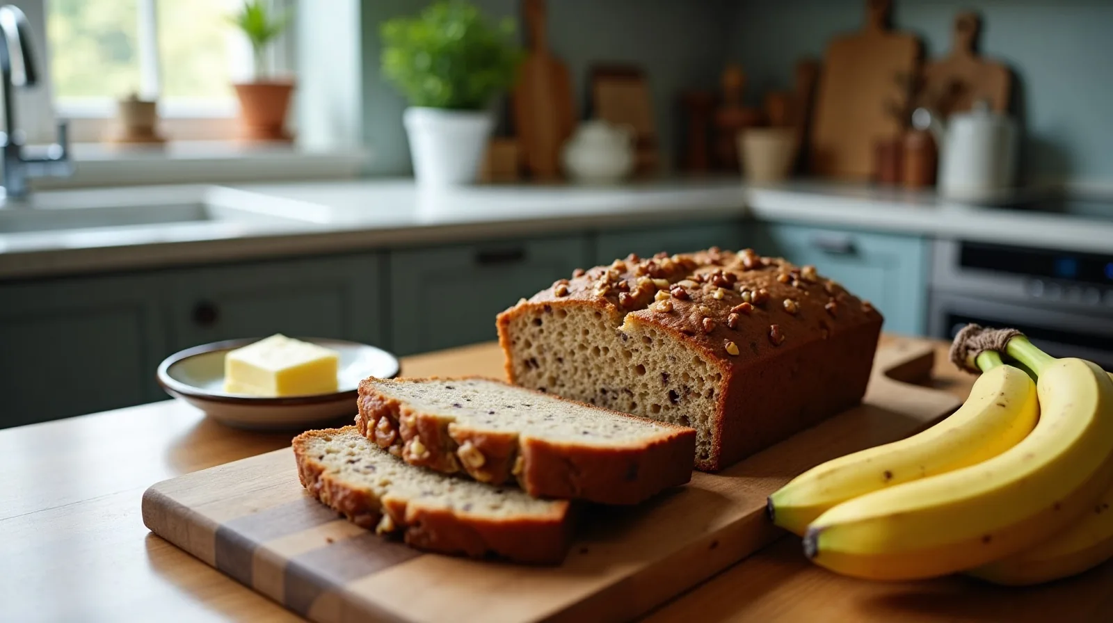 A sliced walnut banana bread loaf on a wooden board with one buttered slice on a plate and speckled ripe bananas nearby in a kitchen