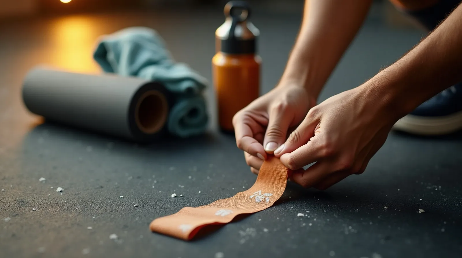 A close view of a pair of hands unwrapping tape from a wrist over a rubber gym floor beside a rolled foam roller, a chalk-dusted bottle on its side and a crumpled towel