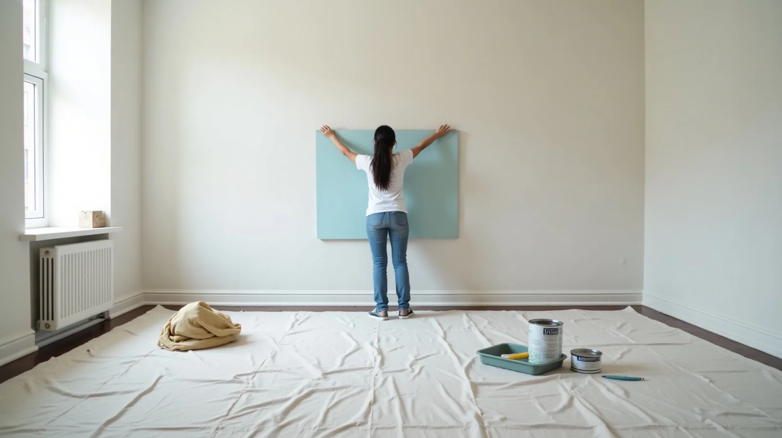 A small bedroom mid-repaint with drop cloths on the floor, an open paint can and roller tray, and a person seen from behind holding a large painted sample board against the wall.