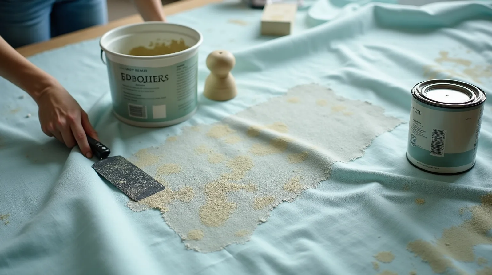A putty knife, open tub of spackle, sanding block, mesh patch roll, and small primer can laid out on a paint-speckled drop cloth