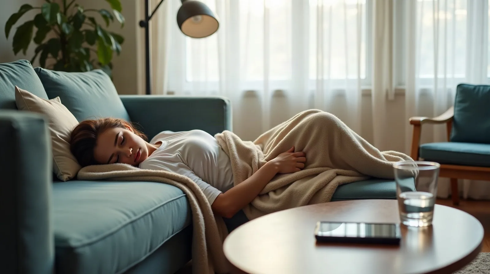 A person asleep on their side on a teal couch in a bright living room, a cream throw blanket pulled over them, a phone and a glass of water on a round wooden coffee table nearby, sheer curtains and a floor lamp in the background