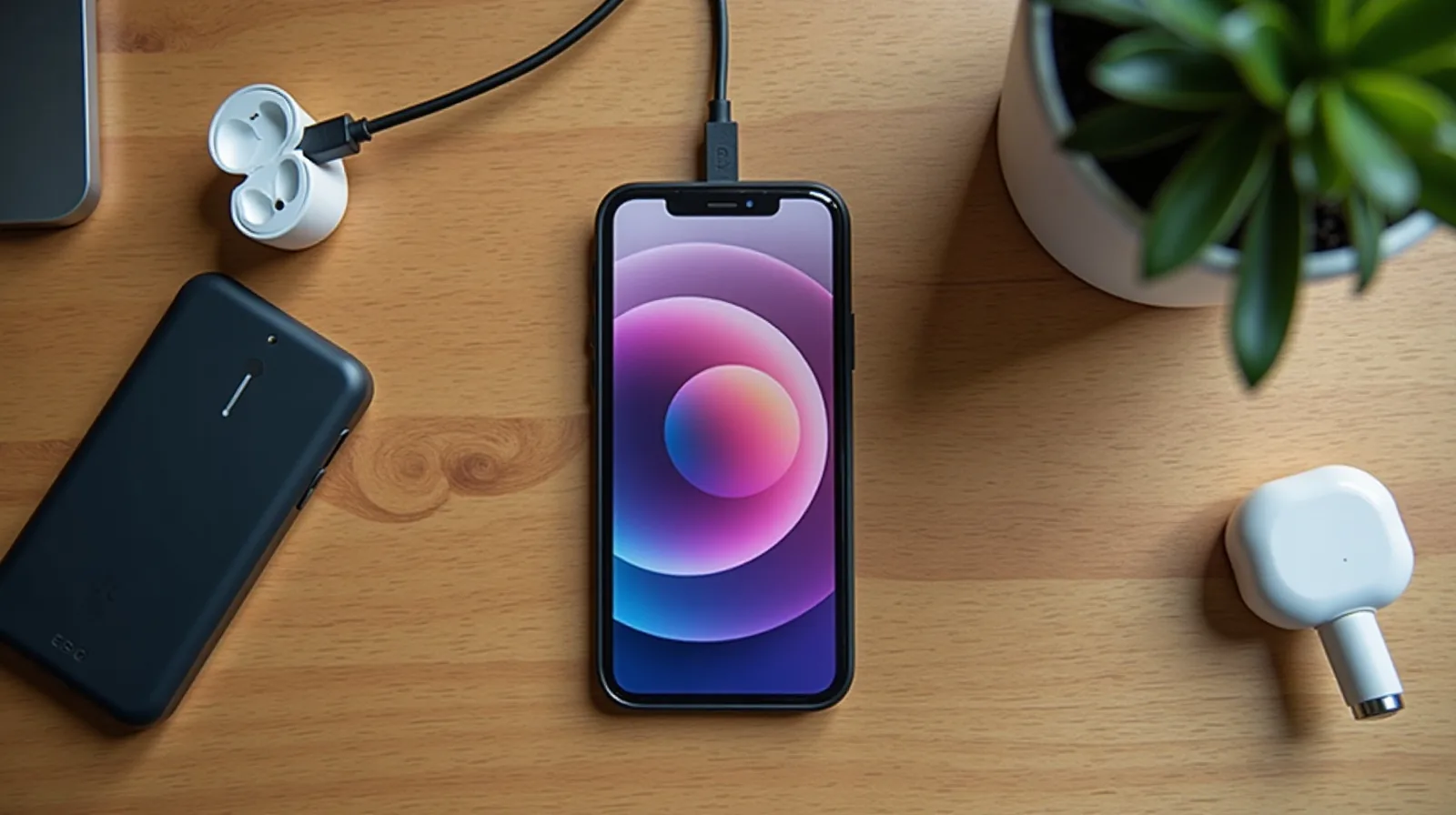 A smartphone charging face down on a wooden desk, its cable looping to a wall plug beside a slim power bank and a closed earbud case