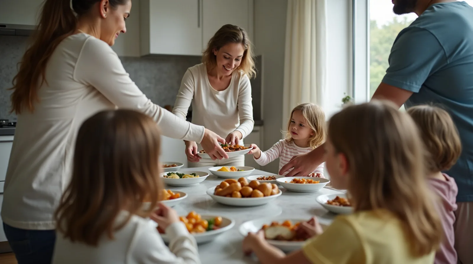 A family passing serving bowls around the dinner table, seen from behind a parent's shoulder with the children turned away