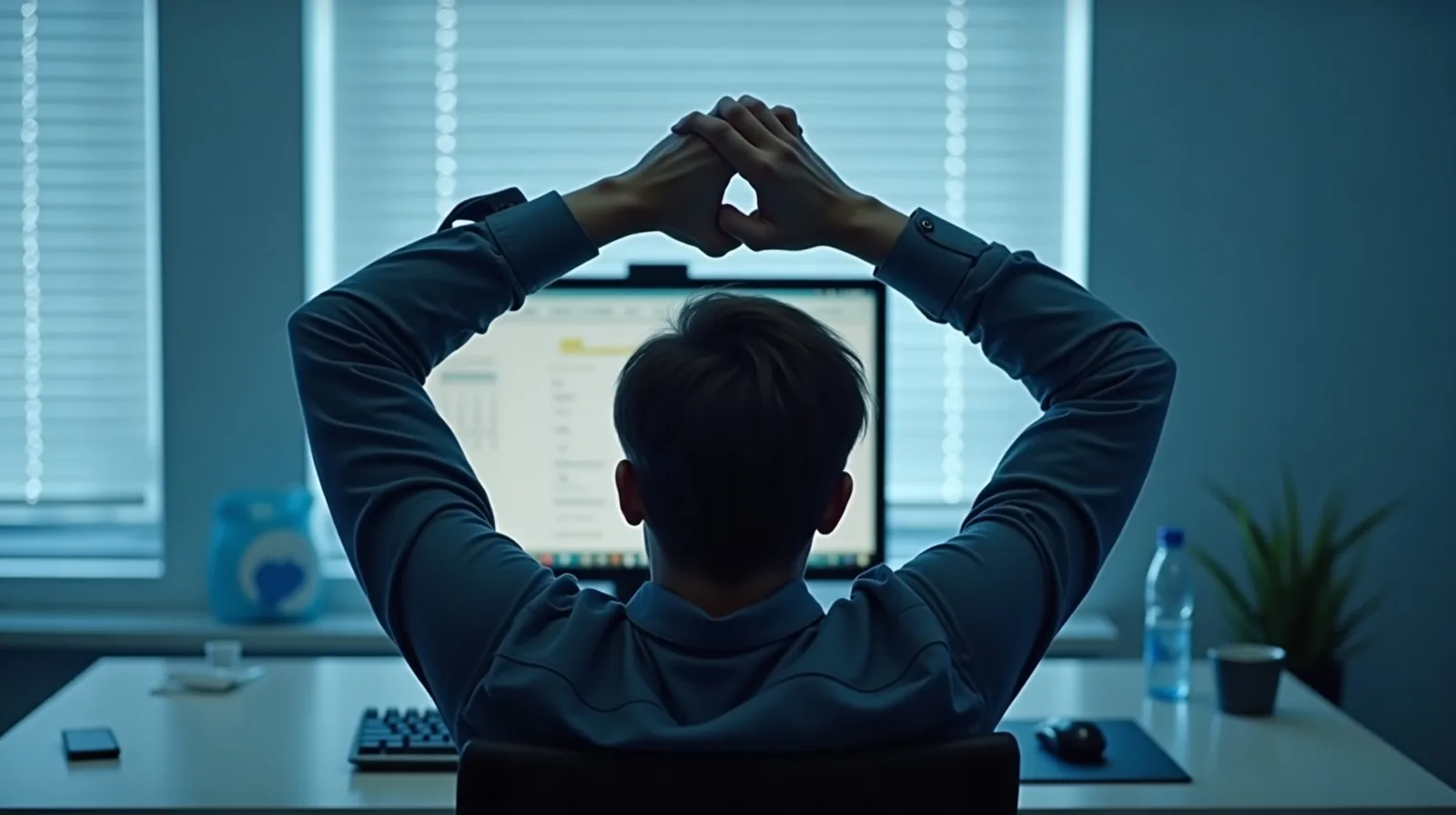 Desk worker seen from behind stretching both arms overhead at a workstation with a raised monitor.