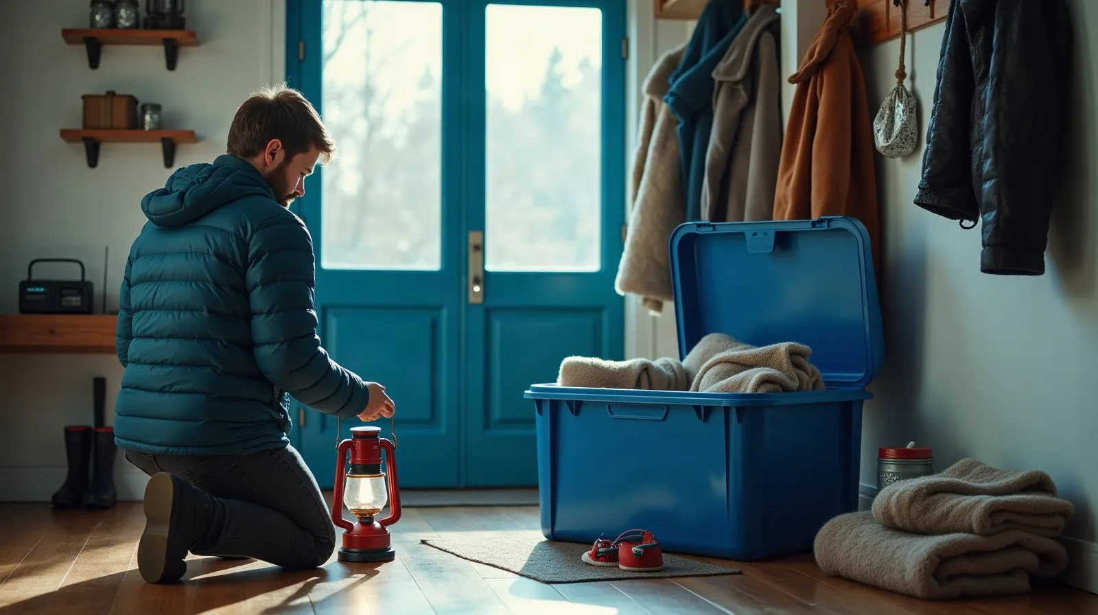 A person kneeling in a bright entryway beside an open blue storage bin holding folded blankets, setting a red battery lantern on the wood floor, with a radio on a shelf, coats on wall hooks and rubber boots by a blue double door