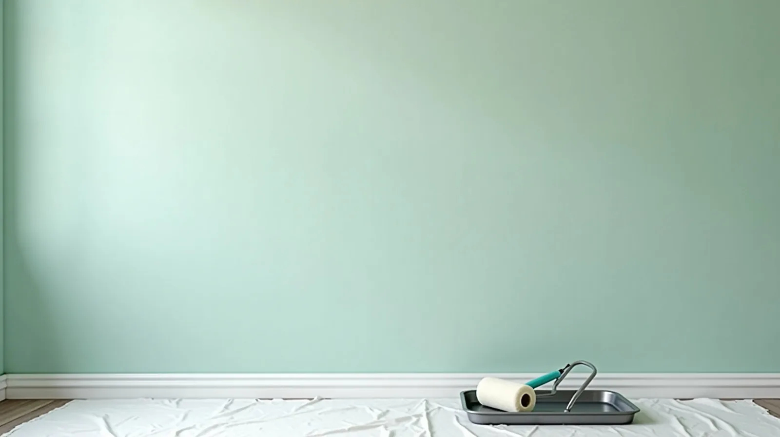 A freshly painted sage green wall with painter's tape half peeled along white trim and a roller resting on a tray below