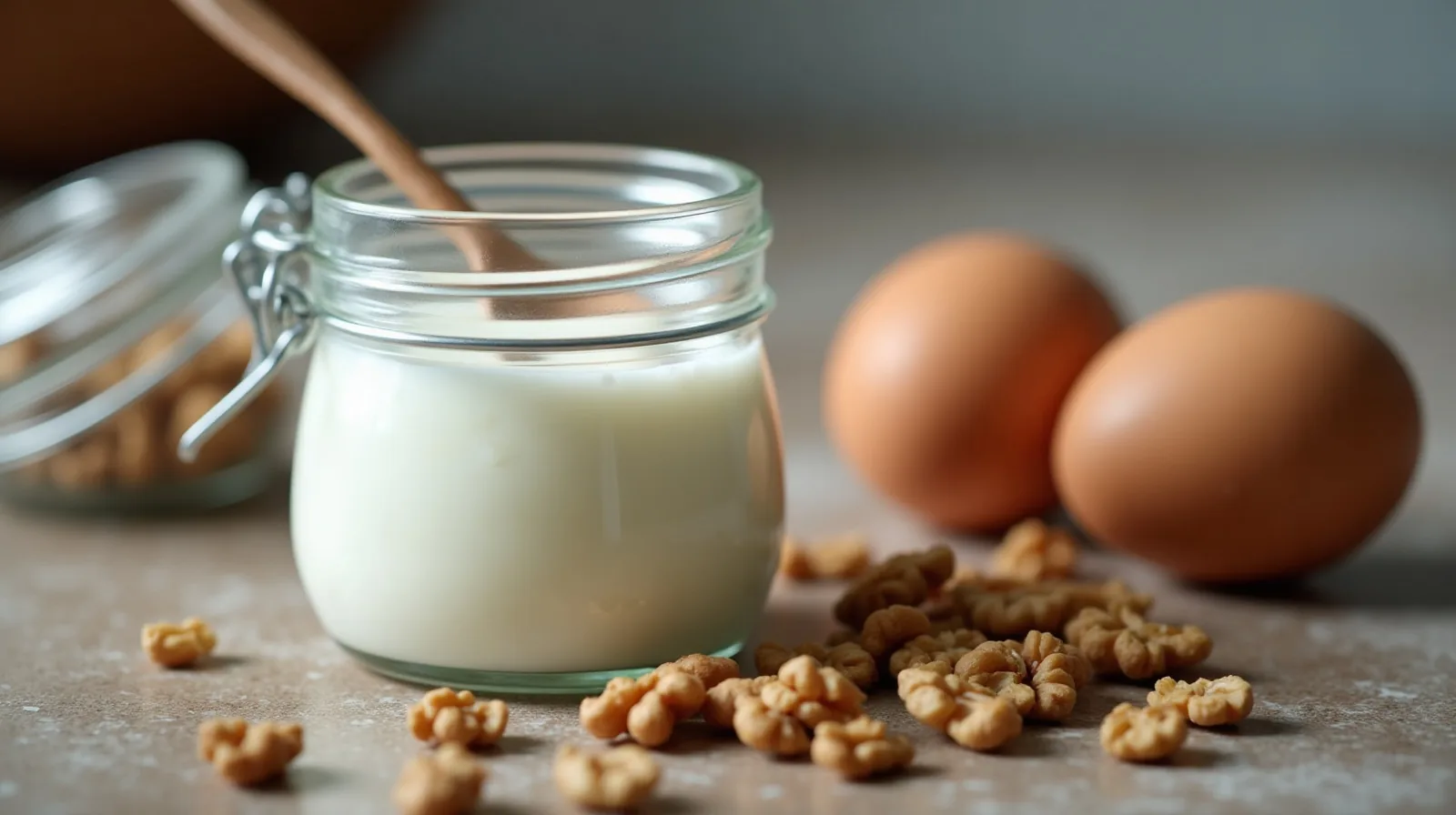 Spoon resting in an open jar of thick yogurt with scattered walnuts and two brown eggs on a kitchen counter.