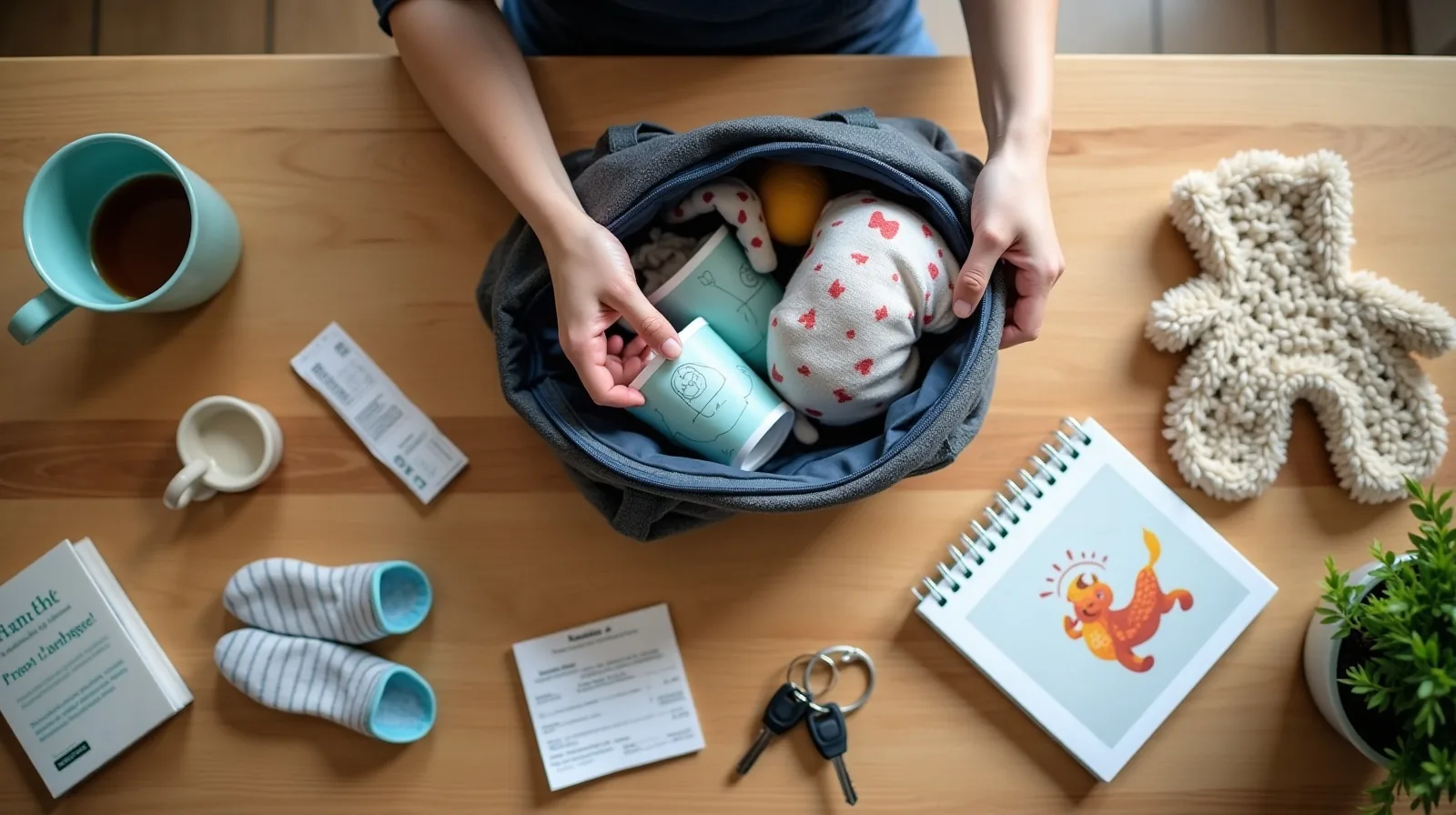 A well-used diaper bag emptied across a kitchen table with a chewed board book, a snack cup, spare toddler socks, receipts and car keys, with a parent's hands sorting through them