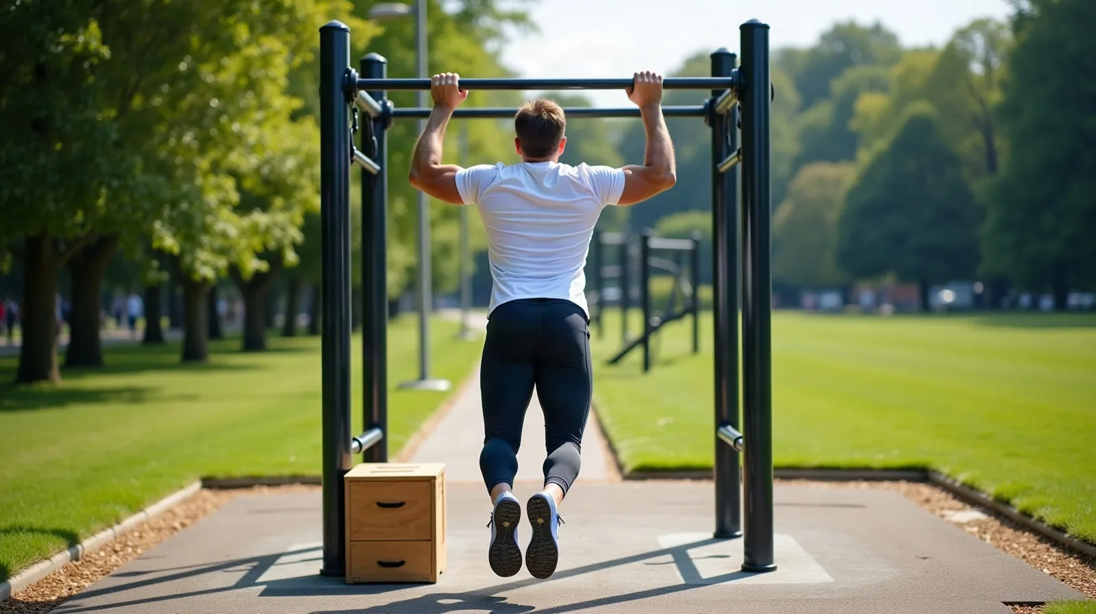 A person seen from behind hanging from a steel pull-up bar at an outdoor park fitness station, a wooden step box on the paved path beside the bar, a grassy lawn and tall trees stretching behind