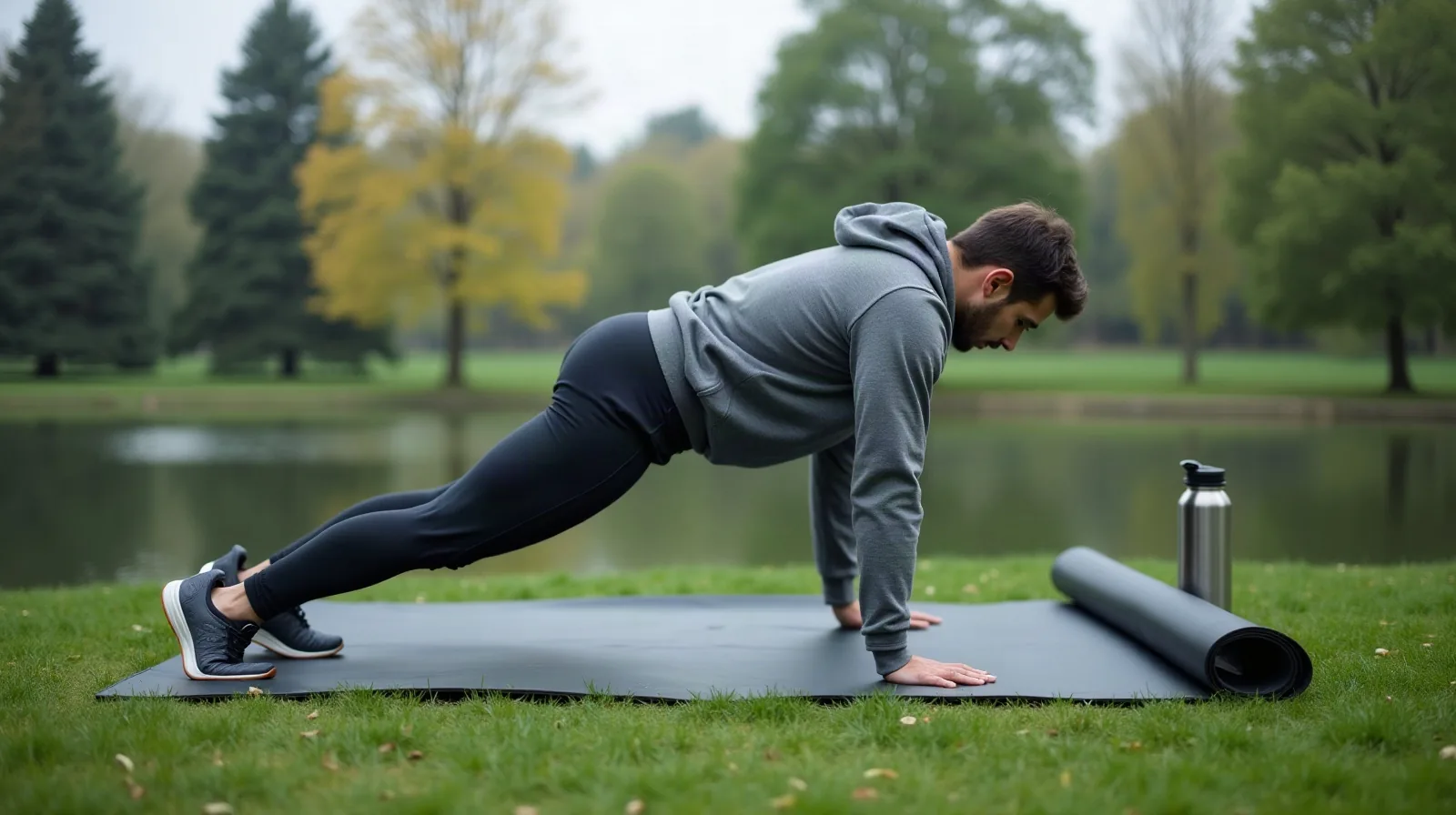 A person in profile holding a straight-arm push-up position on a rubber mat on a park lawn, a gray hoodie and steel water bottle beside the mat, a pond and tall trees beyond on an overcast morning