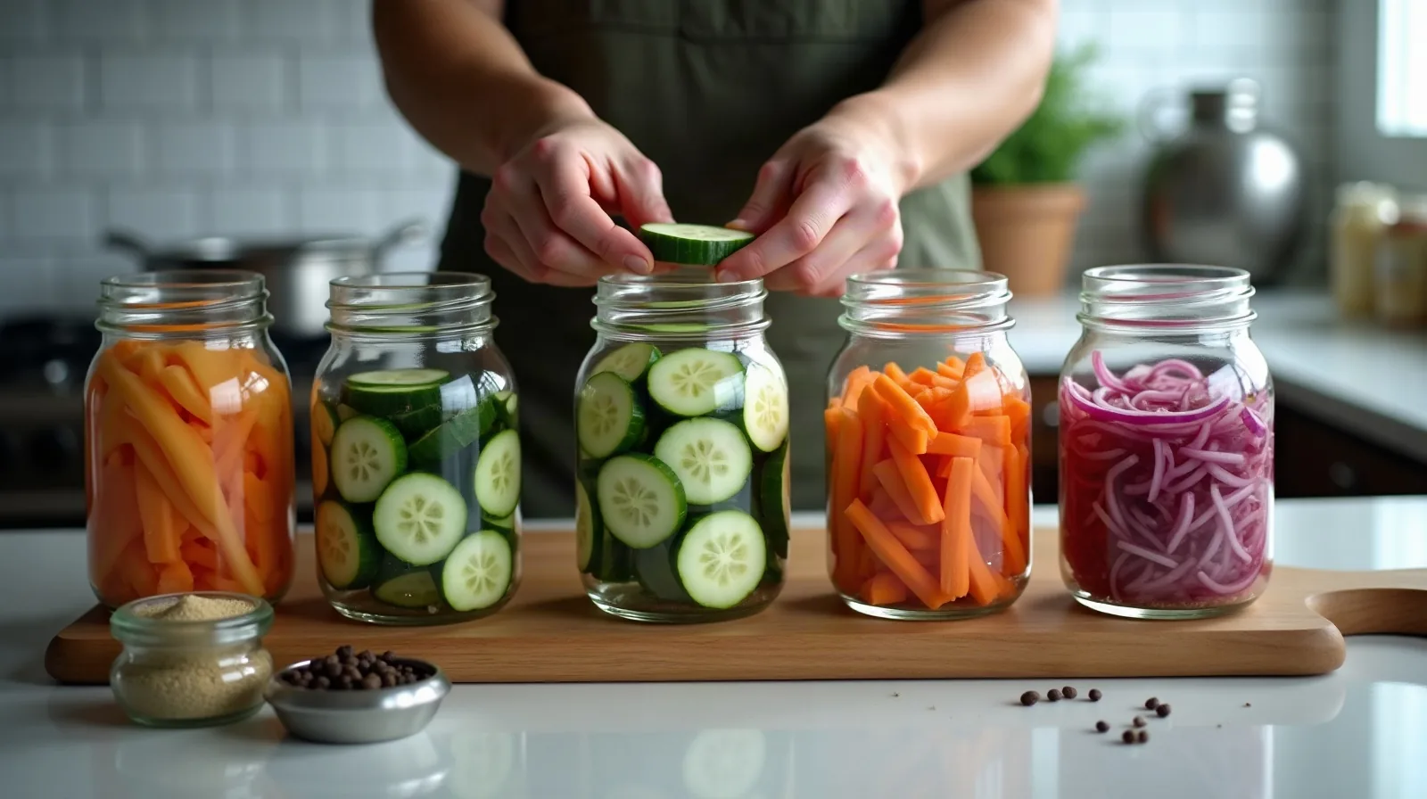 Hands packing sliced cucumbers, red onion and carrot sticks into glass jars lined up on a kitchen counter in cool early-morning light, a small pot of brine and a jar of mustard seeds nearby