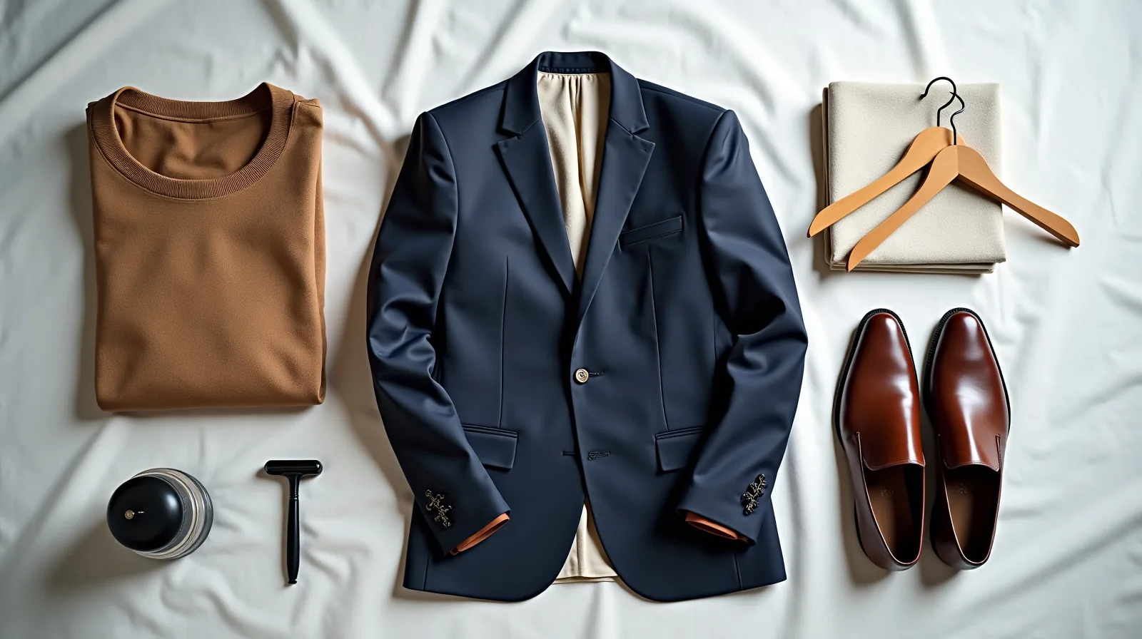 Overhead flat lay of a folded camel sweater, a navy blazer with tailor's pins, a fabric shaver, wooden hangers and polished leather loafers on linen