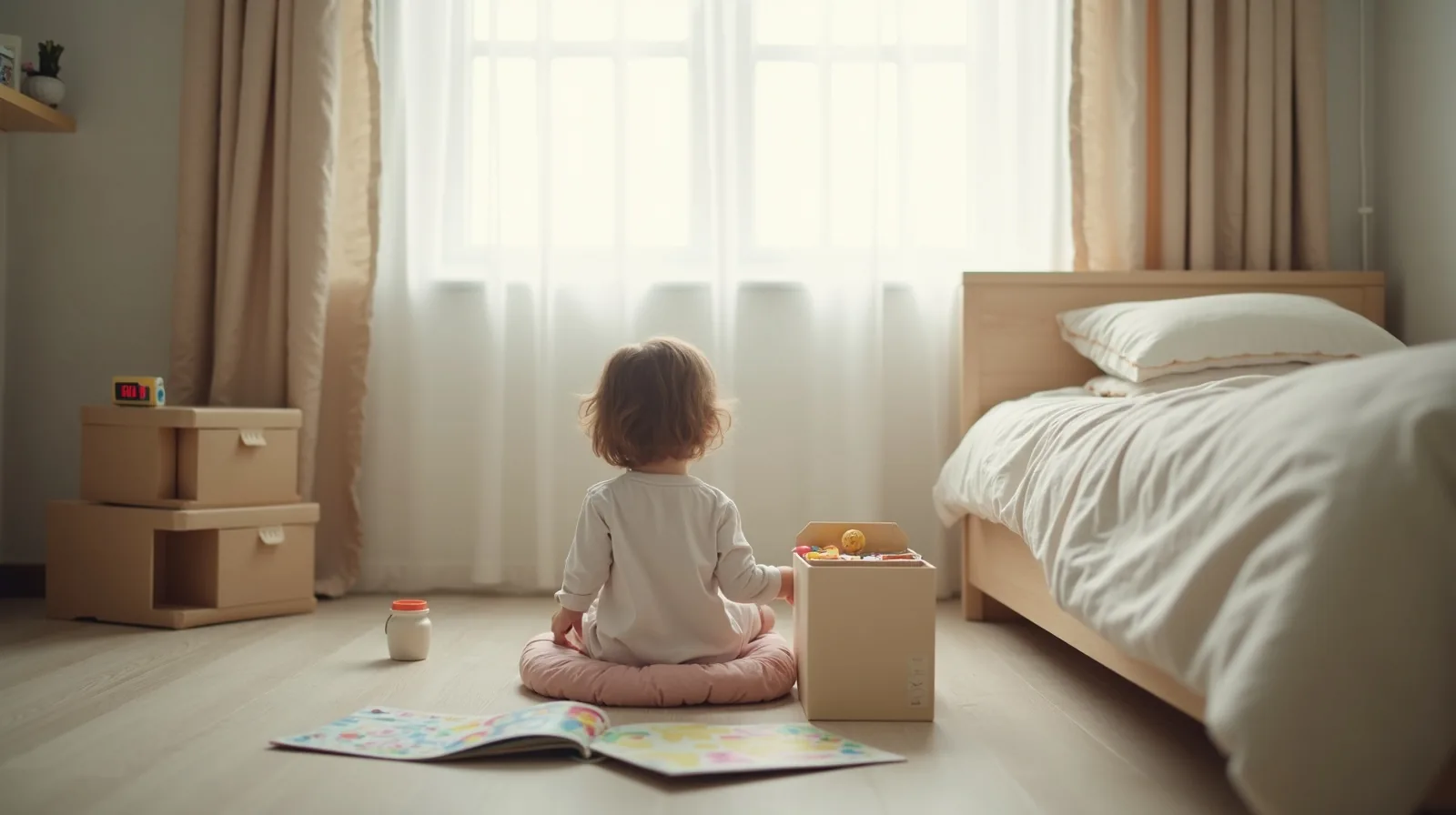 A wide view of a sunlit child's bedroom set up for quiet time, with a floor cushion, a stack of picture books, an open activity box and a timer on a low shelf