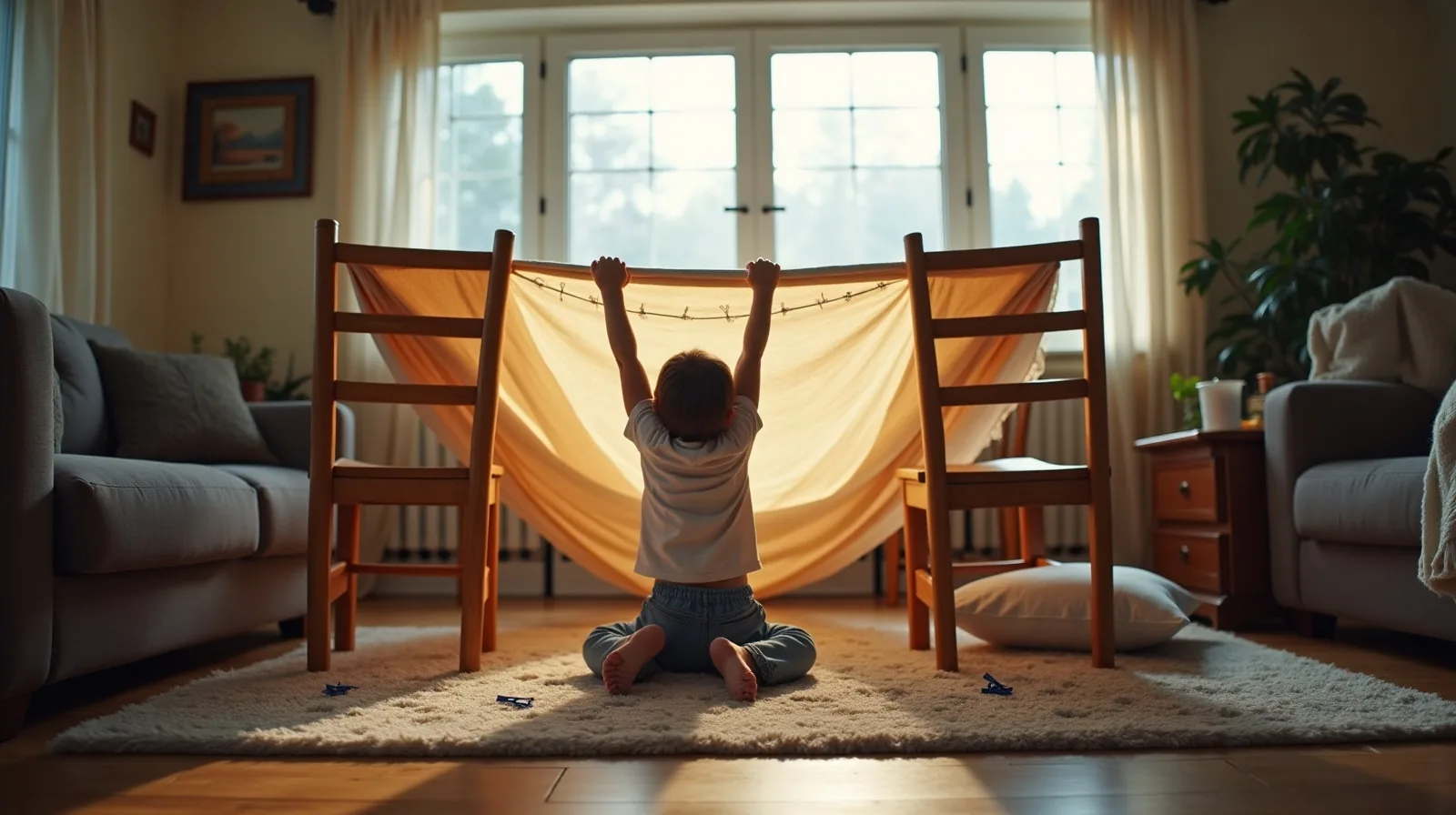 A half-built blanket fort strung between two dining chairs and a sofa, with a child seen from behind clipping a sheet to a chair back.