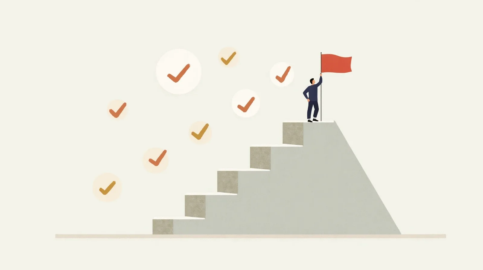 Flat illustration of a figure climbing a staircase of small even steps toward a flag, with check marks above the completed steps
