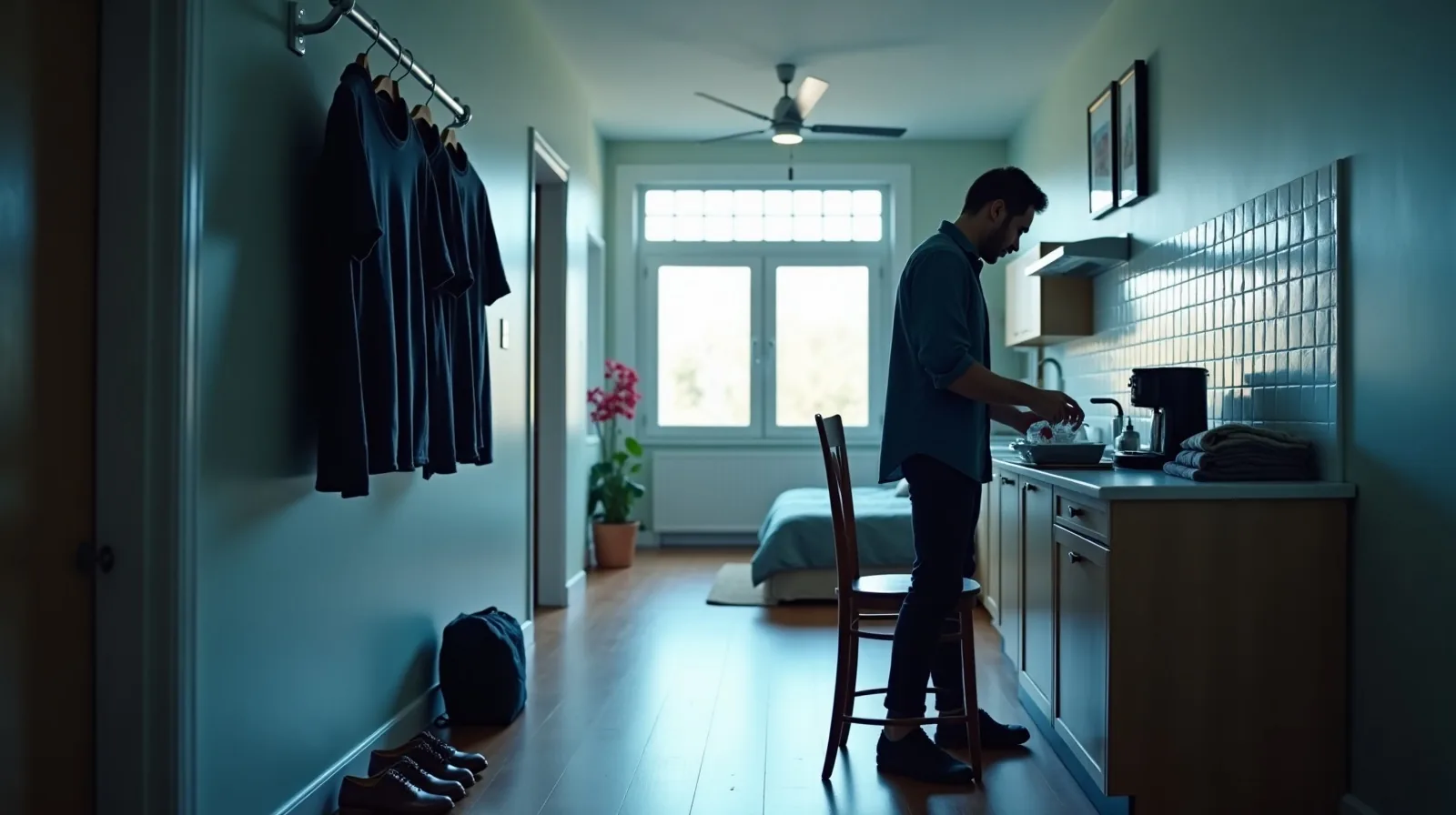 A wide view of an apartment entryway and kitchen at the start of the day, with a packed bag by the door, a rail of similar shirts, a laid-out coffee setup and a person in profile at the counter