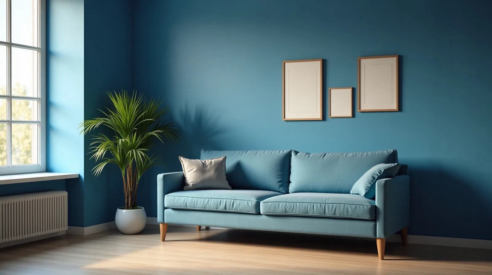 A refreshed living room with one deep-blue accent wall, a sofa angled toward the window, regrouped picture frames and a potted plant