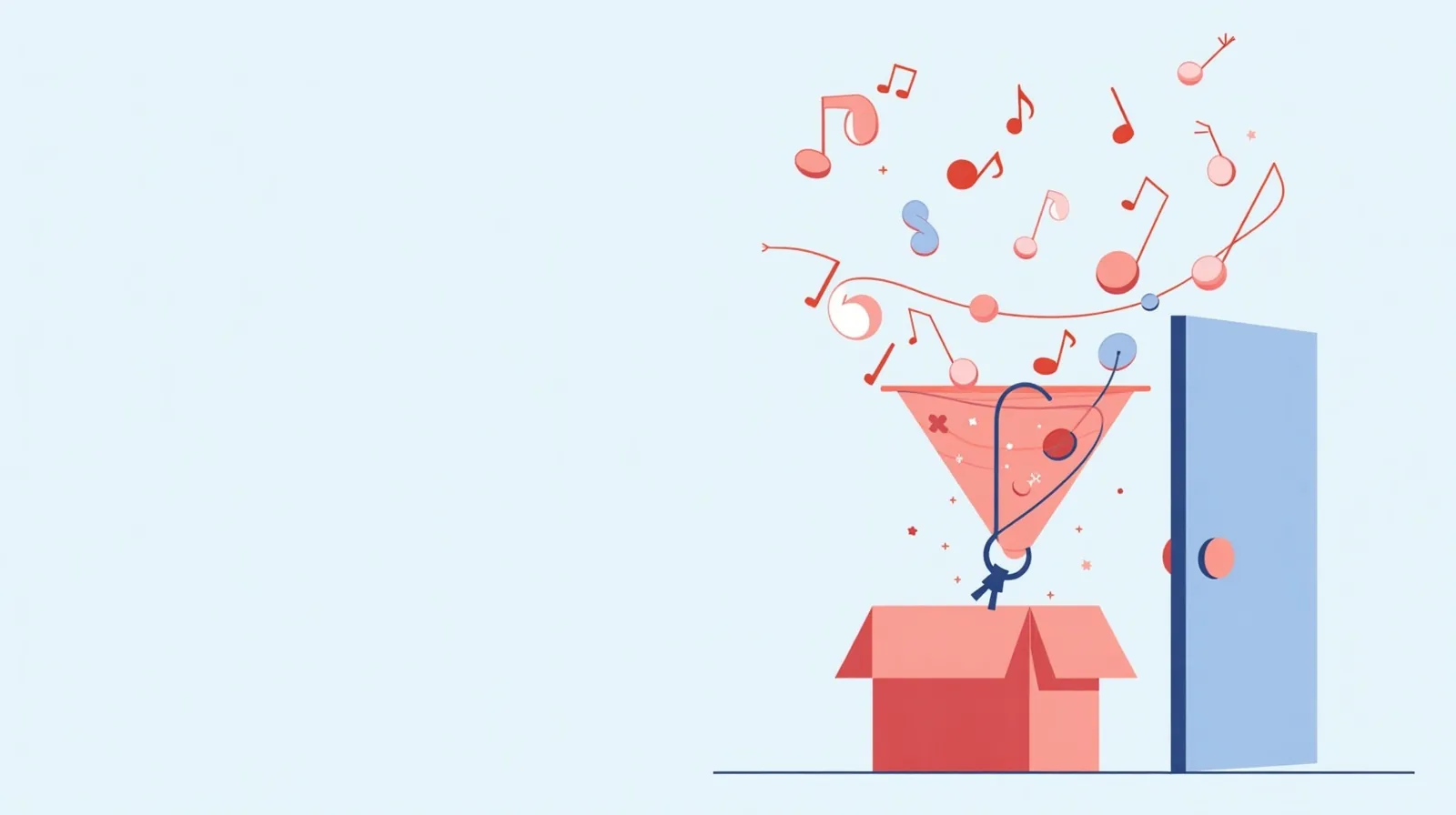 A flat illustration of scattered floating note shapes drawn into a single funnel and stacked in one box, with a coral thread looping from the stack around a door handle and a ring of keys