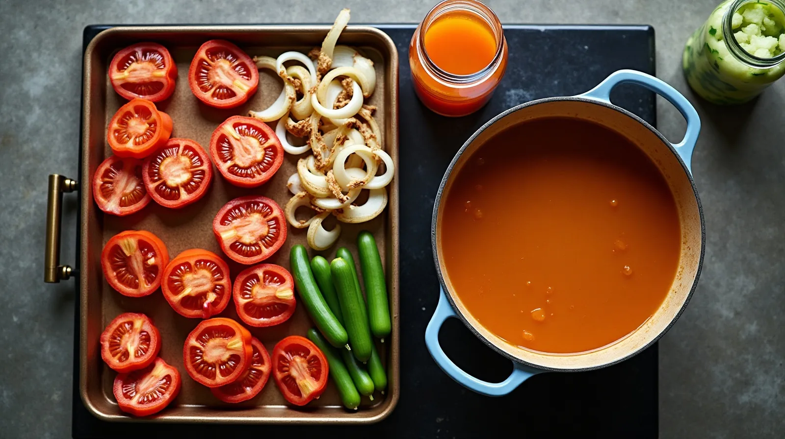 A sheet pan of roasted tomatoes, peppers and onions beside an open pot of soup and a jar of quick-pickled cucumber slices on a stovetop.