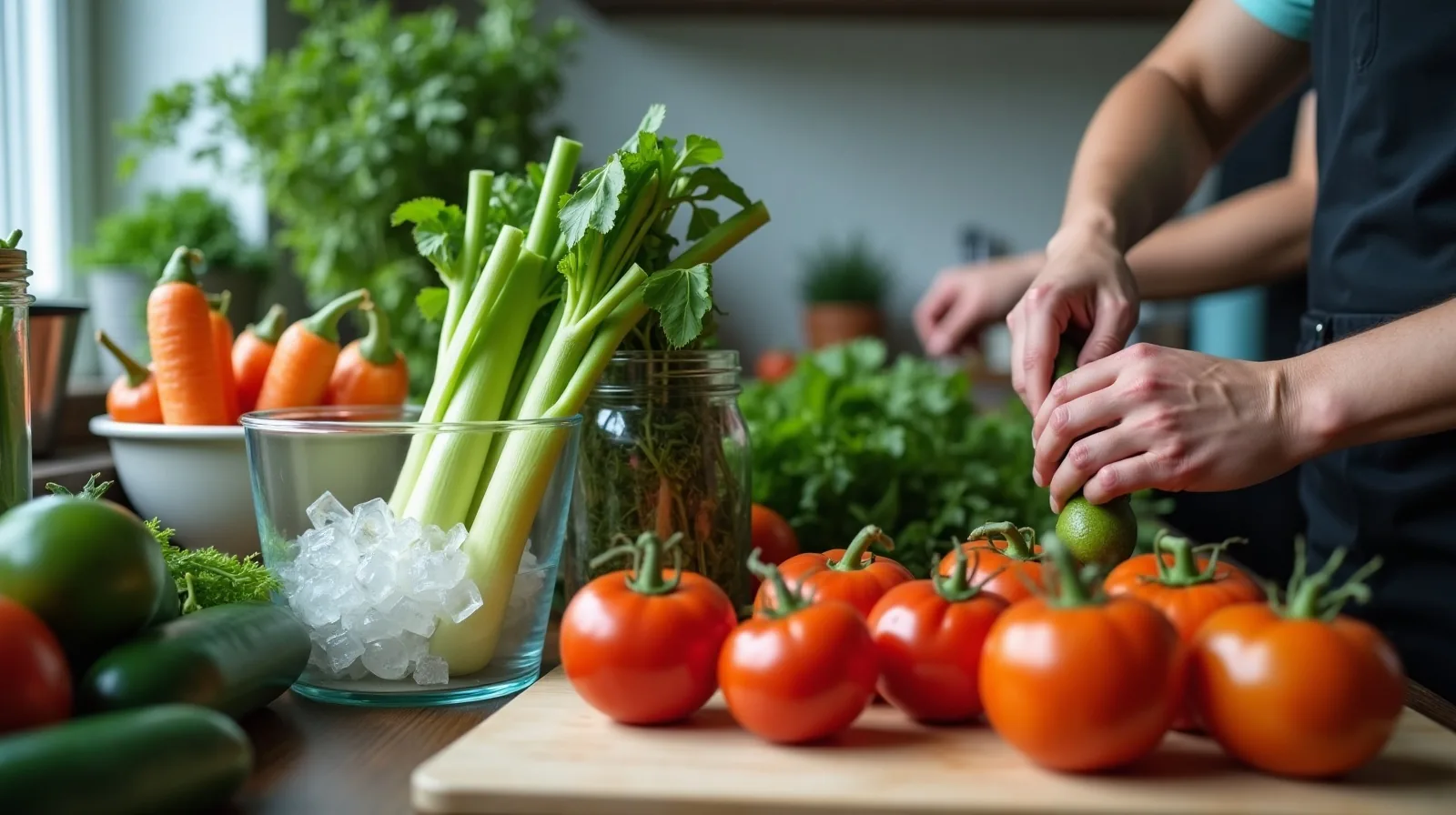 Limp celery and carrots standing in a bowl of ice water on a kitchen counter beside drooping herbs in a jar, softening tomatoes on a board, and hands trimming a stem end.